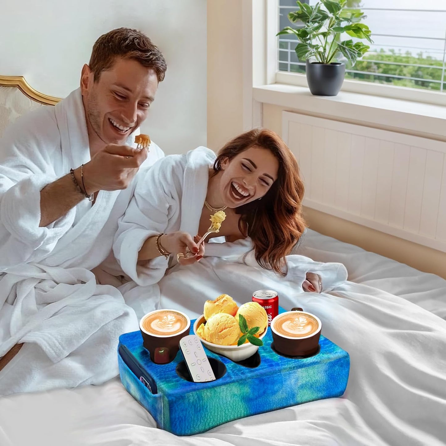 Couch Cup Holder Pillow, 5 Hole Couch Drink Holder! Keep Drinks Hand Side and Keep Temp, Prevent Spills and Use Anywhere. Cup Holder for Couch, Bed, Camping, RV, Car, Beach. Blue