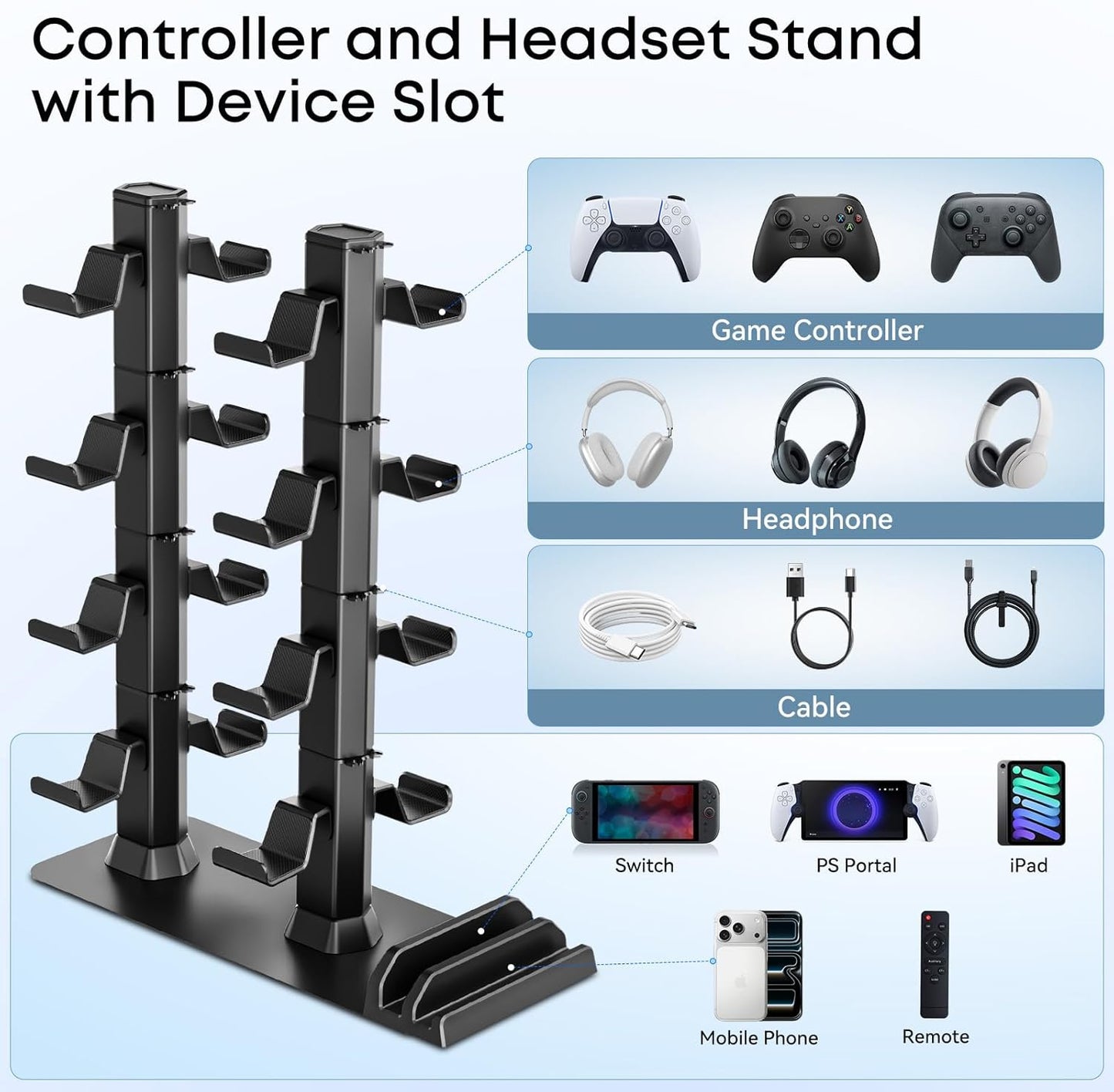 Headphone and Game Controller Desk Stand for PS5/ Xbox/ PS4 Controller, 4 Tiers Headset Hanger with Organizer for Switch 2/1/PS Portal Game Console, Multiple Controller Storage Dispay Rack-16 Hooks