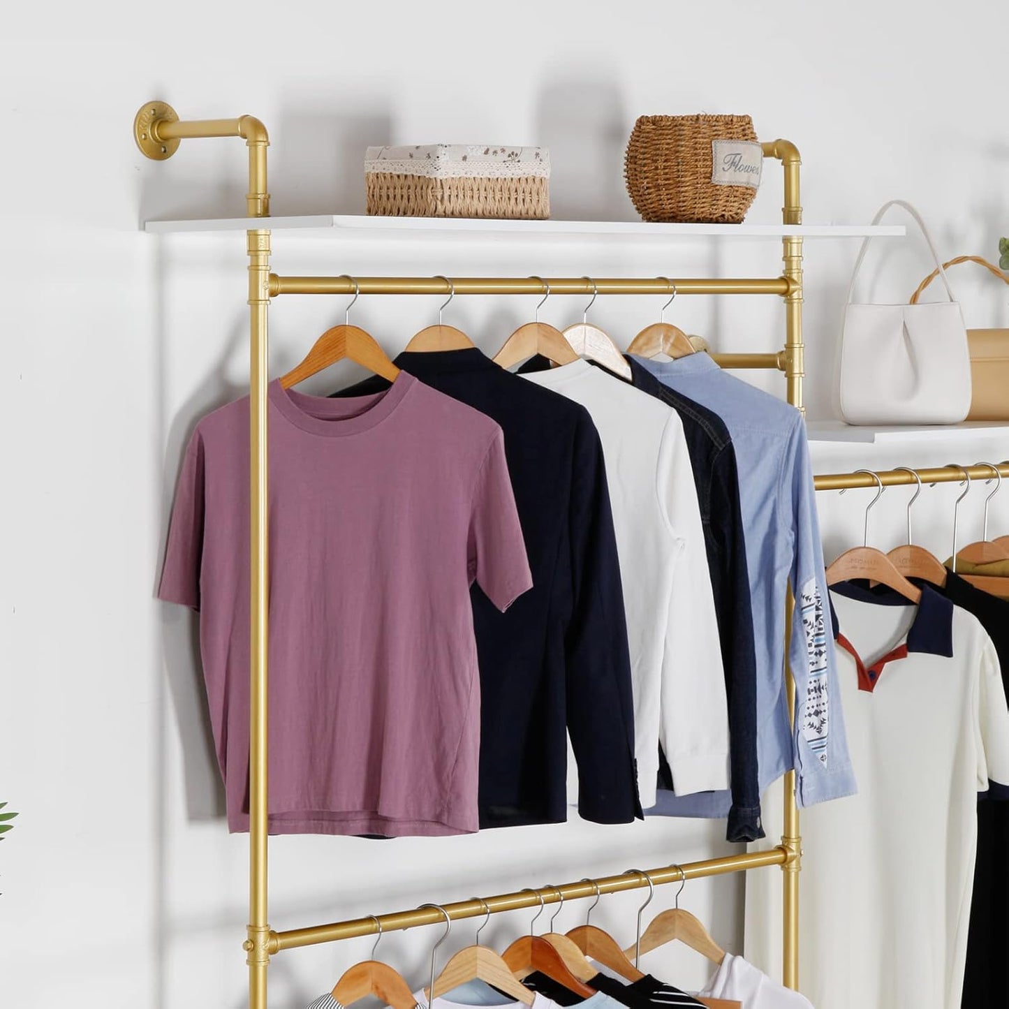 Industrial Pipe Clothing Rack Wall Mounted 5 Hanging Rods Garment Bar with Storage Shelf, Heavy Duty Metal Clothes Racks Closet System for Hanging Clothes Retail Display (Gold)
