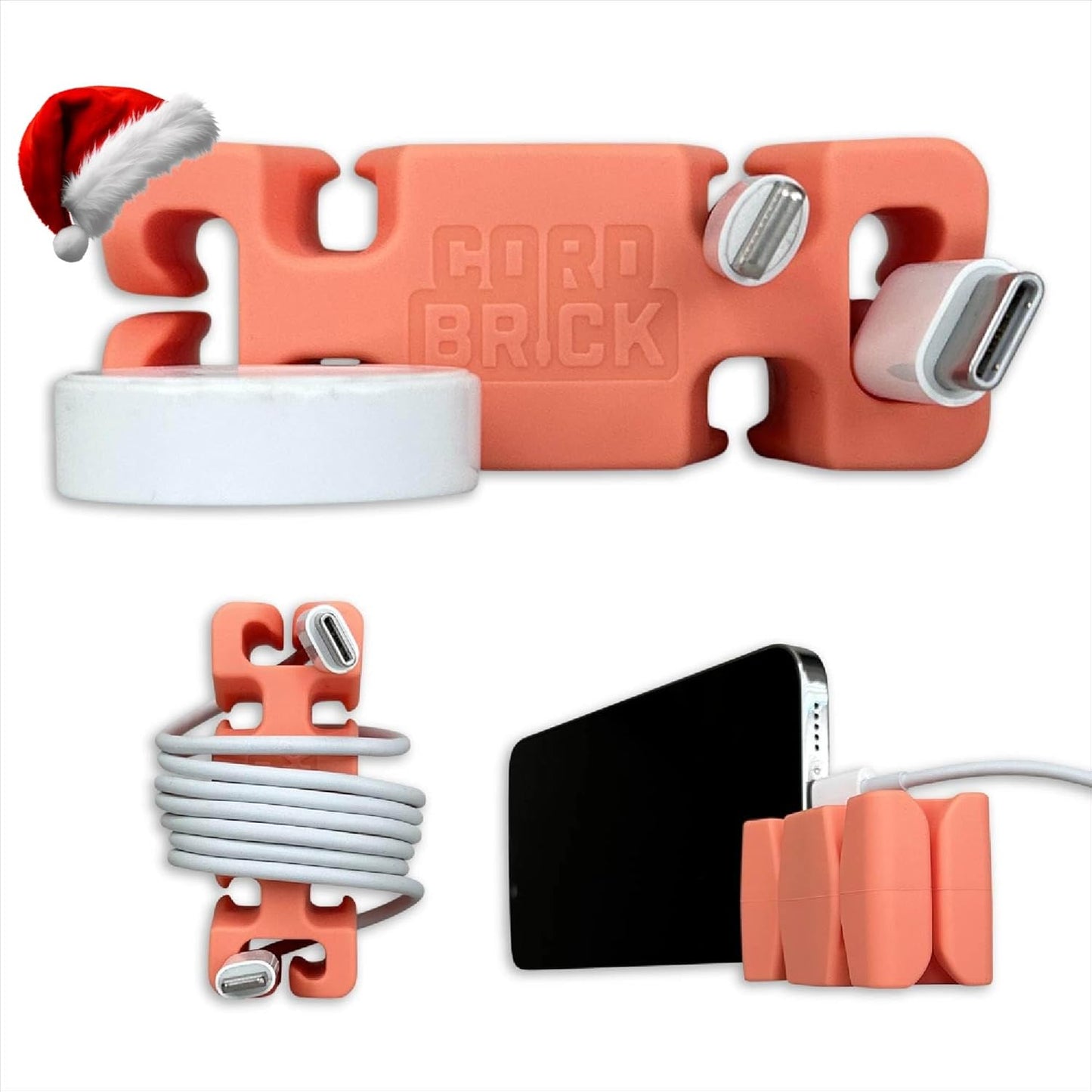 CordBrick Stocking Stuffers for Adults Cord Management Weighted Cord Holder Cable Wrap Phone Stand - Multiuse Gadget Organizer for Nightstand, Desk. Gift for Men, Durable Silicone. Coral
