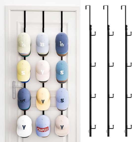 SWTYMIKI Over Door Hat Rack - 3 Packs Metal Hanging Hat Organizer with 12 Hooks Design, Baseball Cap Hanger Organizer Storage Holds up to 60 Caps for Door, Bedroom, Closet