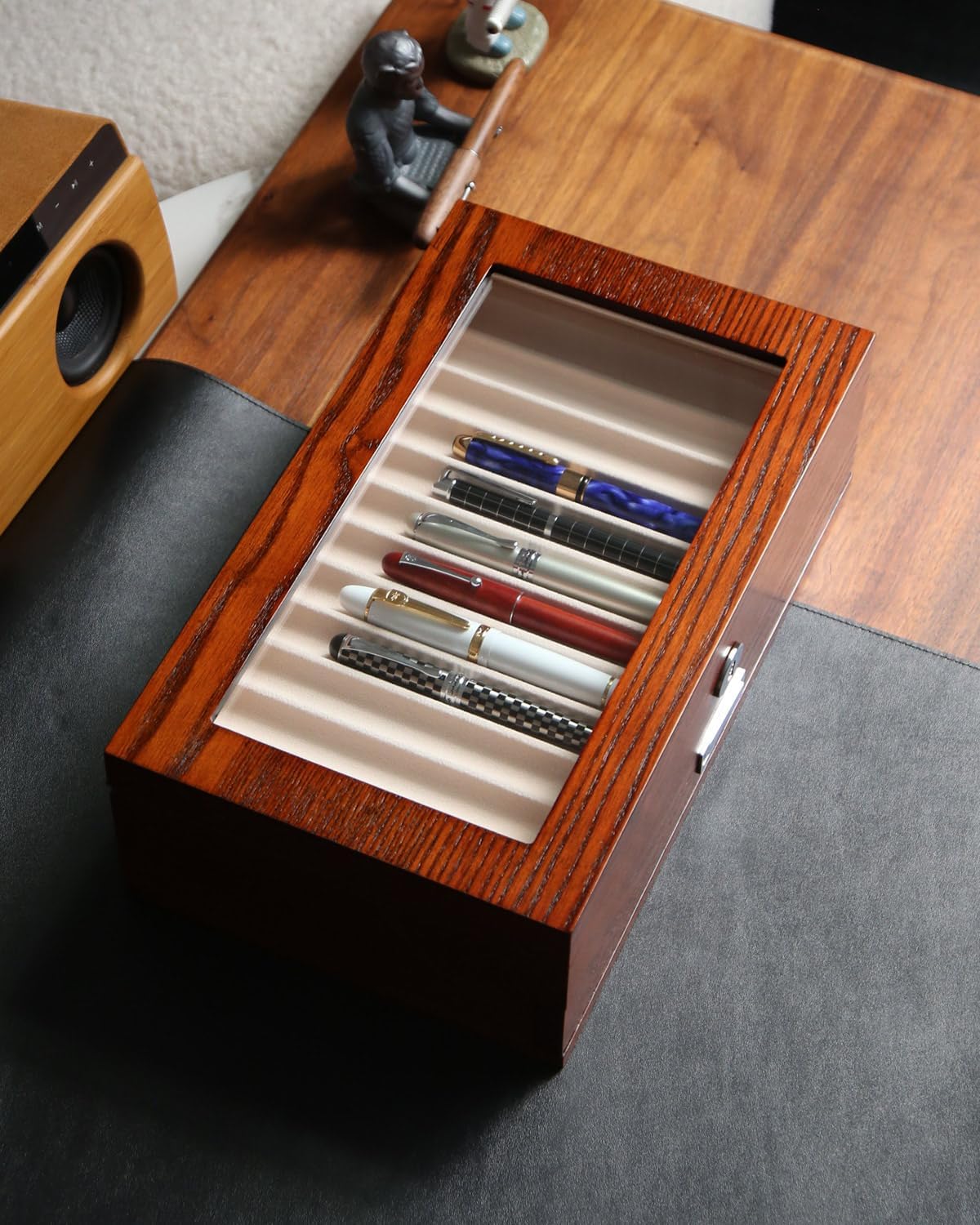 wood pen display case 24 slot Fountain pen Box storage Organizer with drawer, Top Glass Window Pen Collection Display Case