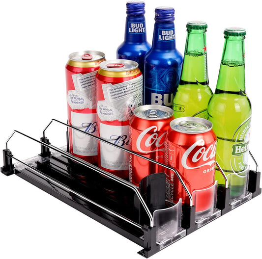 Drink Dispenser for Refrigerator, Self-Pushing Soda Can Organizer for Fridge, 3 Rows has been Assembled, Automatic Can Organizer with Spring Loaded for Refrigerator Holds 12 cans, Black