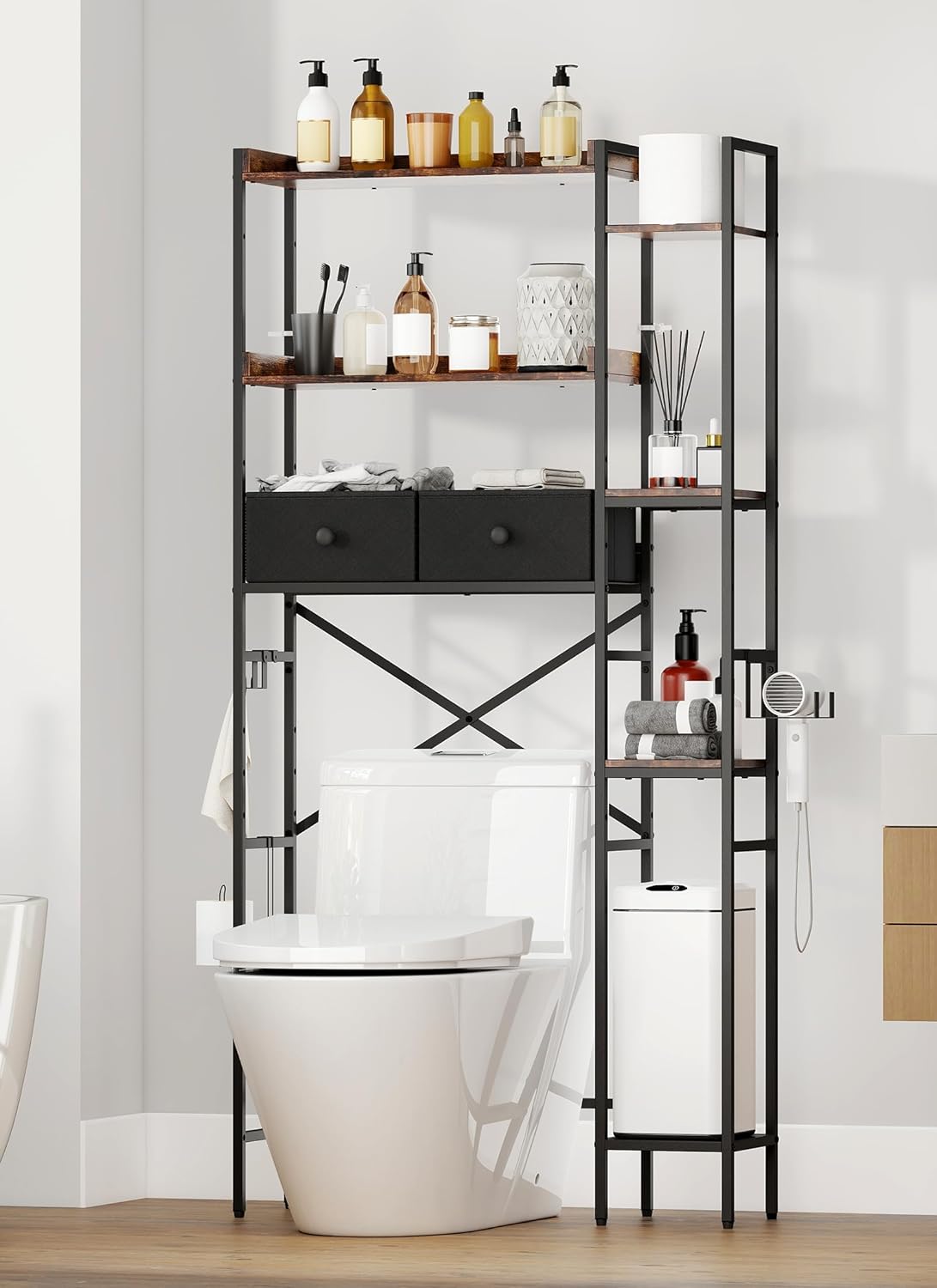 Over The Toilet Storage Rack, 7-Tier Over Toilet Bathroom Organizer with Adjustable Shelf, Above Toilet Storage Cabinet with Hooks, Space-Saving, Brown Shelf