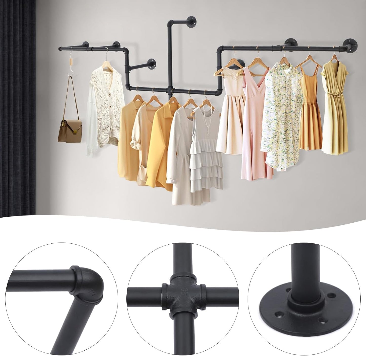 Industrial Pipe Clothes Rack Wall Mounted, 85.83 inches Heavy Duty Iron Pipe Clothing Garment Rail, Multi-Purpose Clothing Hanging Rod for Laundry Room and Closet Storage