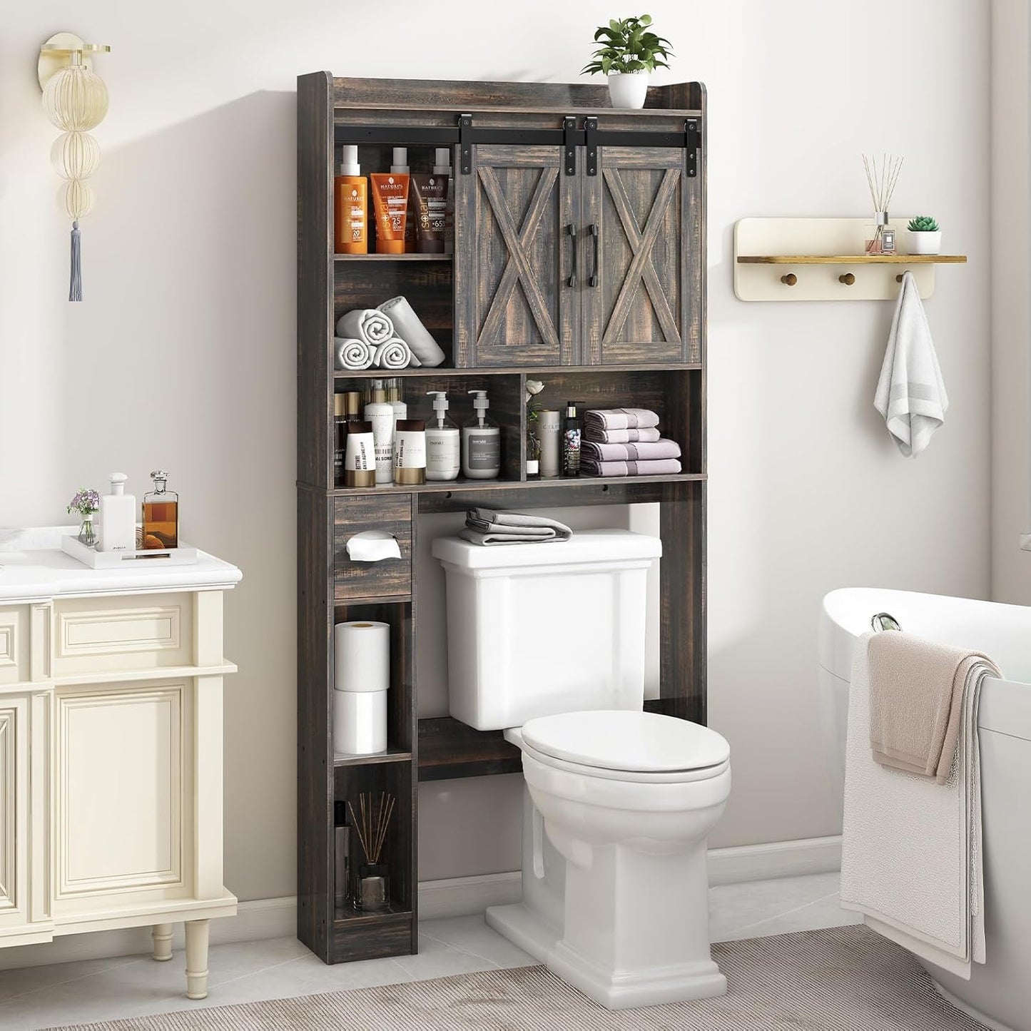 Vabches Over The Toilet Storage Cabinet, Farmhouse Storage Cabinet Over Toilet with Sliding Door& Toilet Paper Holder Stand，Home Space-Saving Toilet Rack, for Bathroom, Laundry and Restroom