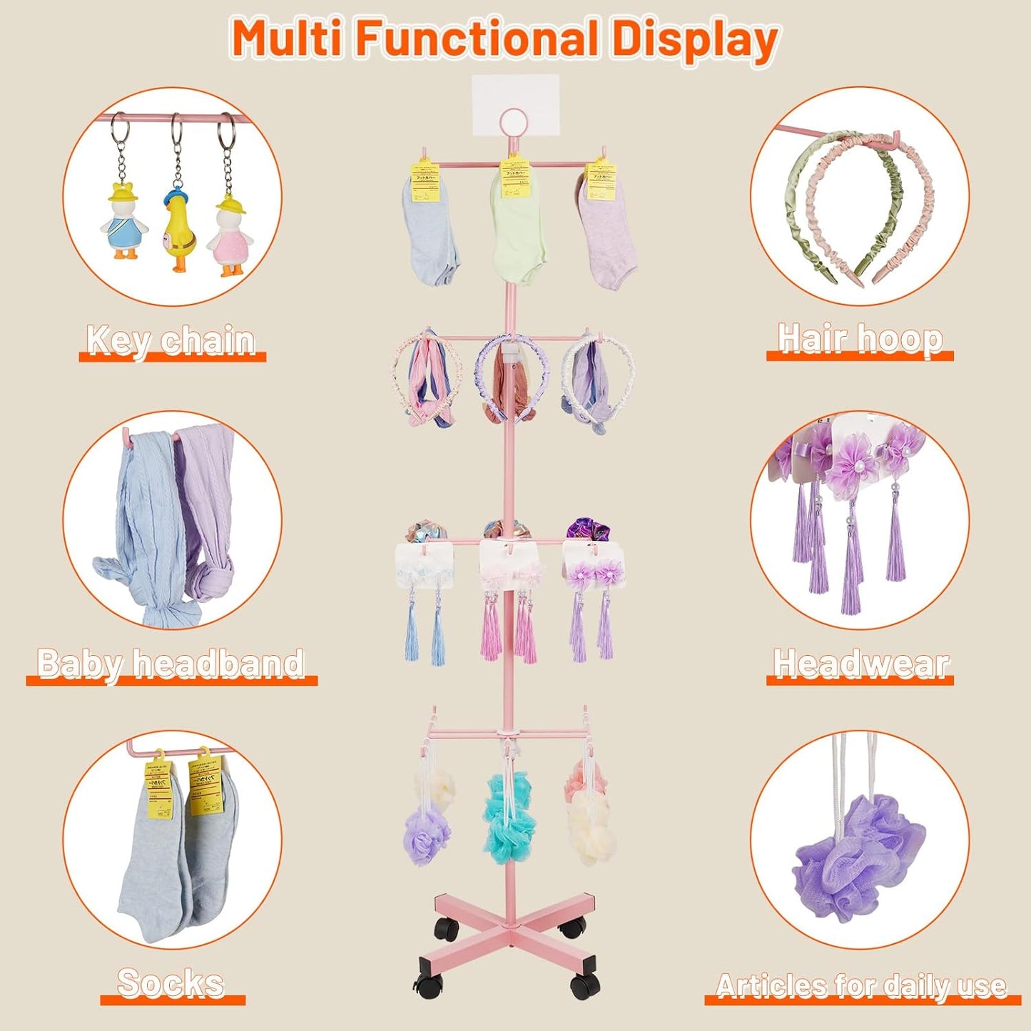 Retail Display Stand Rotating Display Stand 4 Tier Spinning Display Stand for Craft Shows, Jewelry, Keychain, Earring Adjustable Height Retail Display Racks (Pink)