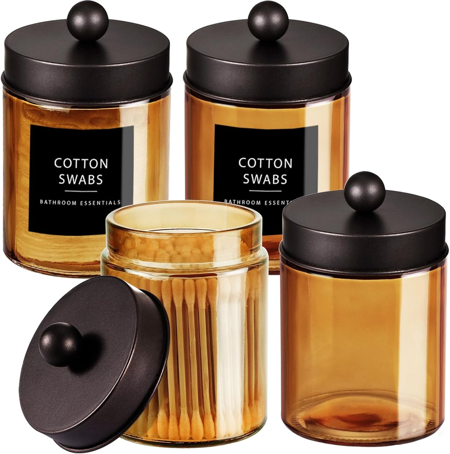 Amolliar Bronze Glass Apothecary Jar With Metal Lid & Stickers, Bathroom Qtip Dispenser Storage Canister, Perfect for Cotton Balls, Cotton Swabs, Makeup Pads, Bath Salt, Floss,4 Pack (Bronze)