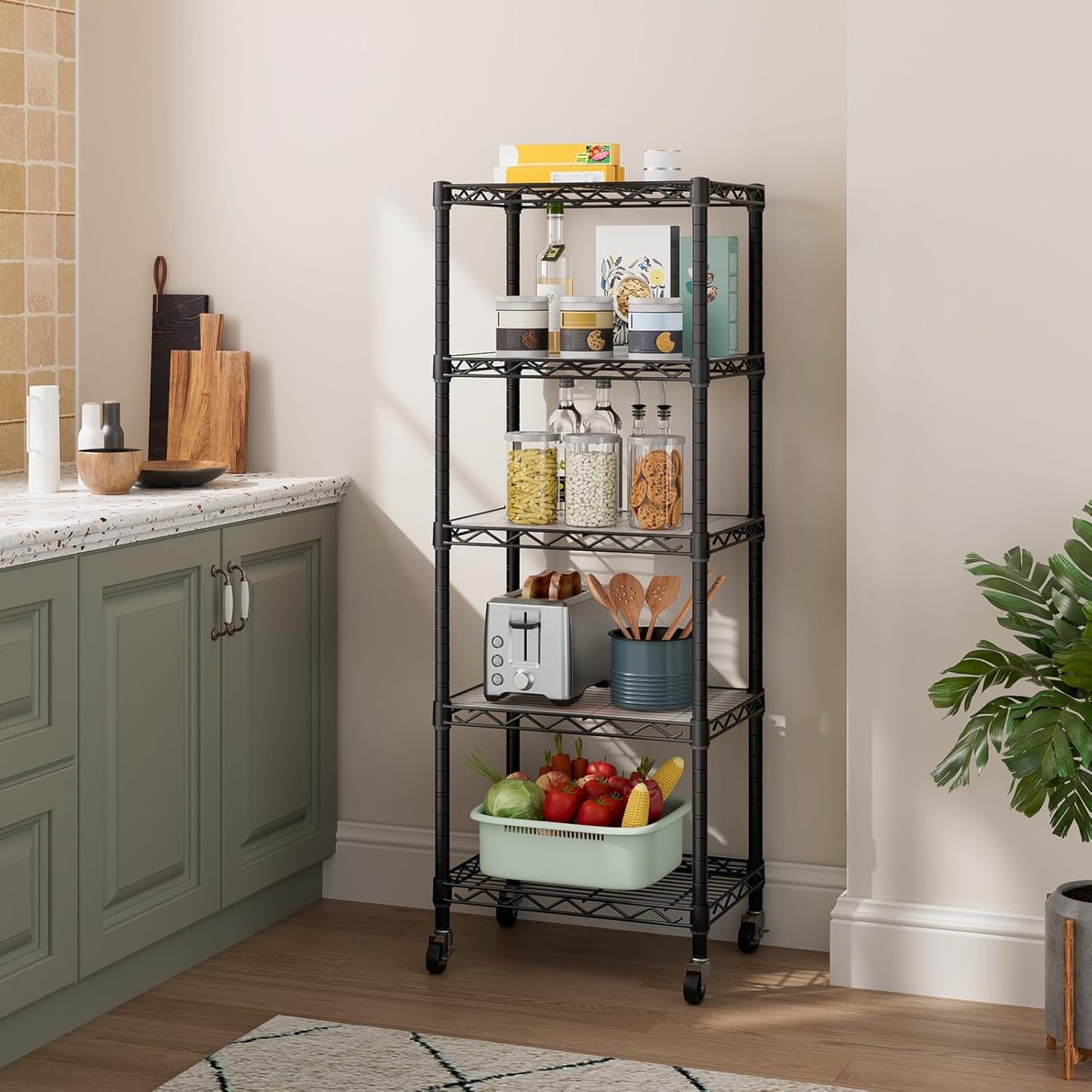 Small 5 Tier Shelves Storage Wire Shelving Unit Metal Shelf Adjustable Organizers Storage Shelving with Wheels for Bathroom Laundry Room Kitchen Pantry12”D x 18”W x 57.2”H Black