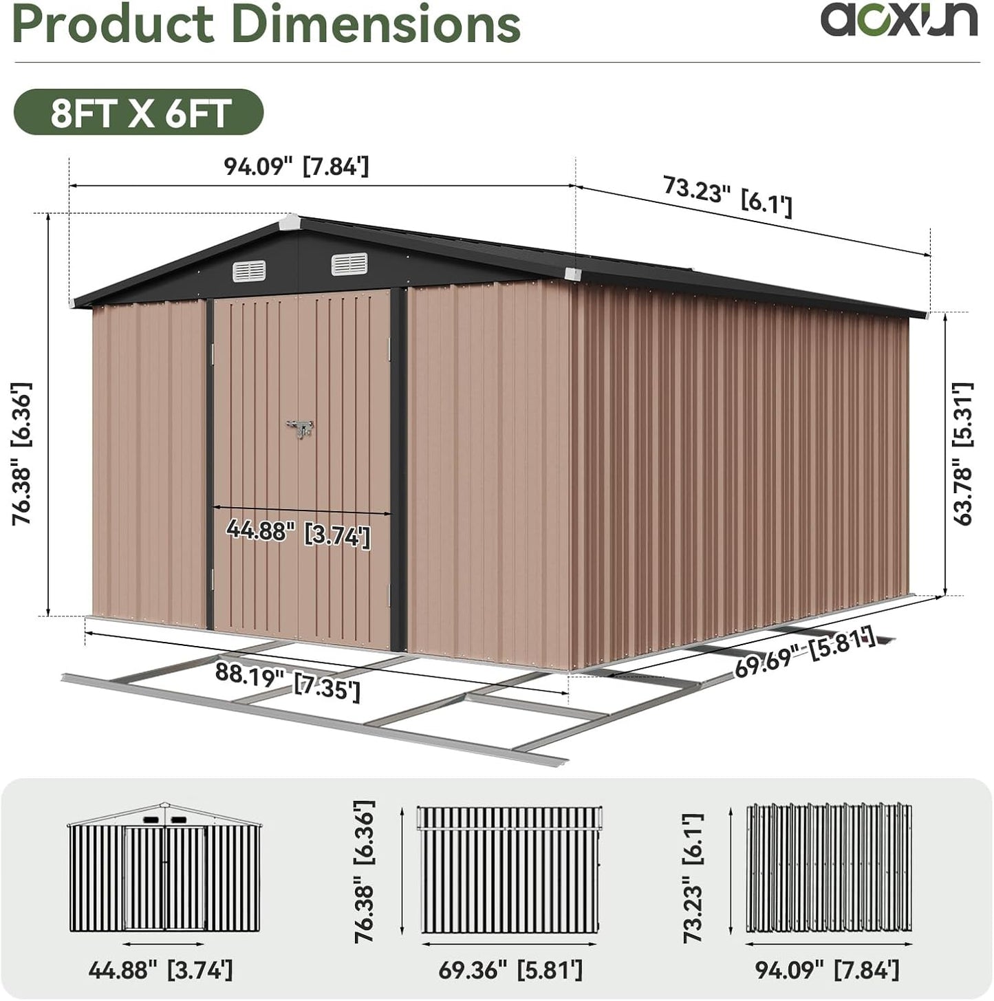 Aoxun 6' x 8' Storage Shed with Base Outdoor Steel Garden Utility Cabinet with Lockable Door Waterproof & Rust-Proof for Yard, Patio, Backyard (Brown, Base Included)