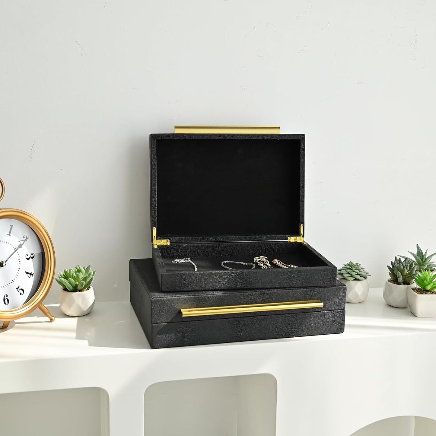 Faux Shagreen Leather Jewelry Boxes Set of 2 with Gold Handles, Decorative Organizer Storage Box for Rings, Earrings, Watches, Dresser, Vanity, Stackable, Black