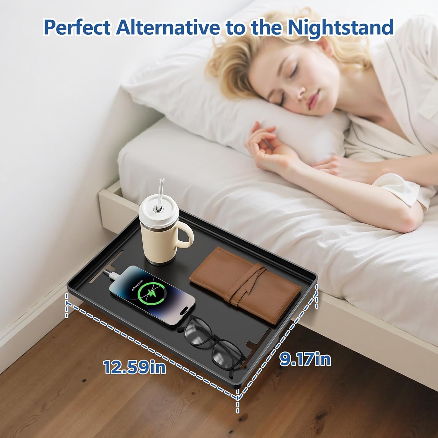 Bedside Shelf for Dorm Bunk Bed, Clip On Nightstand, Bed Side Table Tray Organizer, College Dorm Room Essentials for Girls/Guys, Bedside Tray with Cable Management for Dormitory, Back to School
