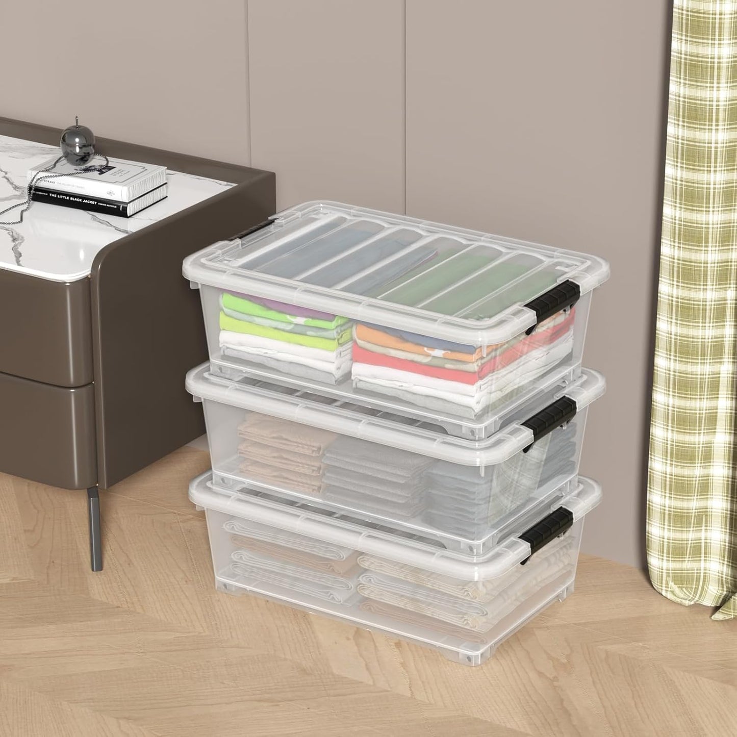 4 Packs 20 L Clear Plastic Underbed Storage Bins with Lids and Wheels, Plastic Storage Totes