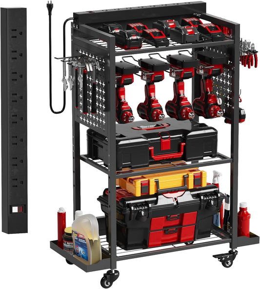 Power Tool Organizer Cart with 8 Power Outlet & Adjustable Storage, Garage Workshop Tool Box Cart, Gifts for Men