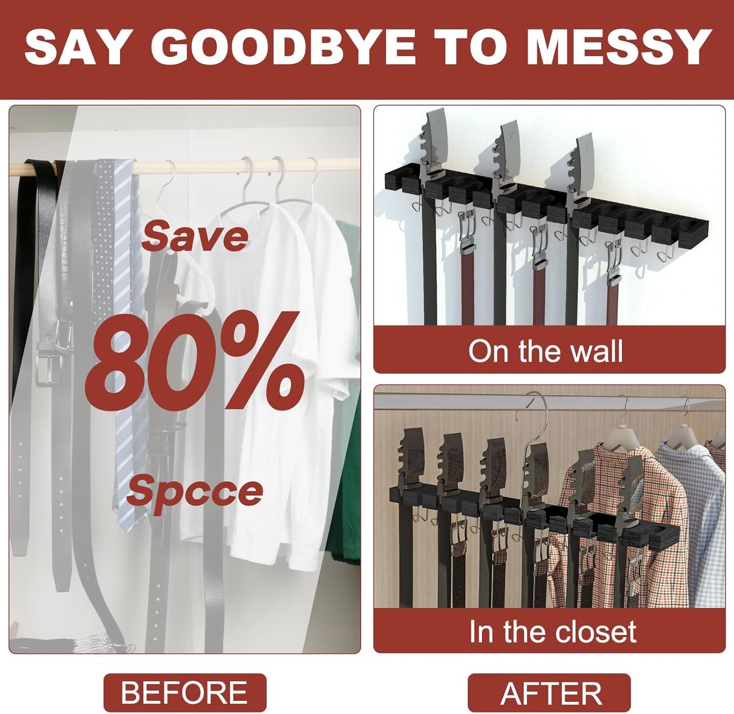 Belt Hanger for Closet Max 42 Belts, 2-in-1 Wall Mount Belt Organizer with 360° Rotating Hooks, Wooden Tie and Belt Rack for Closet Accessories Organizers and Storage, Black