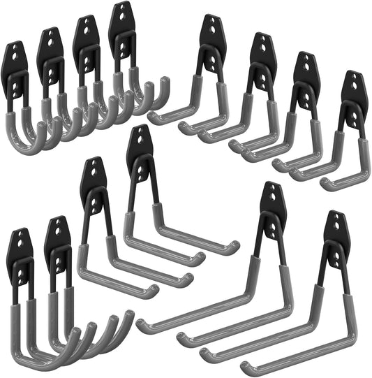 3-H Garage Wall Hooks 14 Pack, Garage Hooks Heavy Duty with Extra Welding Spots, Wall Mount Storage Organizer for Hanging Garden Lawn Tools Ladder Bike WeedEater Chair Shovel Blower (Grey)