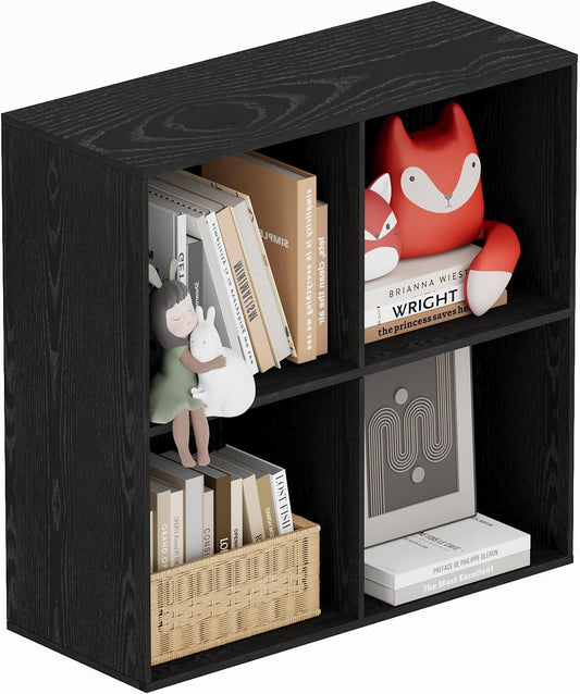 Book Shelf, Wooden Cube Storage Organizer with 11" Open Cubes, Stackable Modular Bookcase for Room Divider Storage, 2 Tier Bookshelf for Living Room, Bedroom, Office (Black, 4-Cube)
