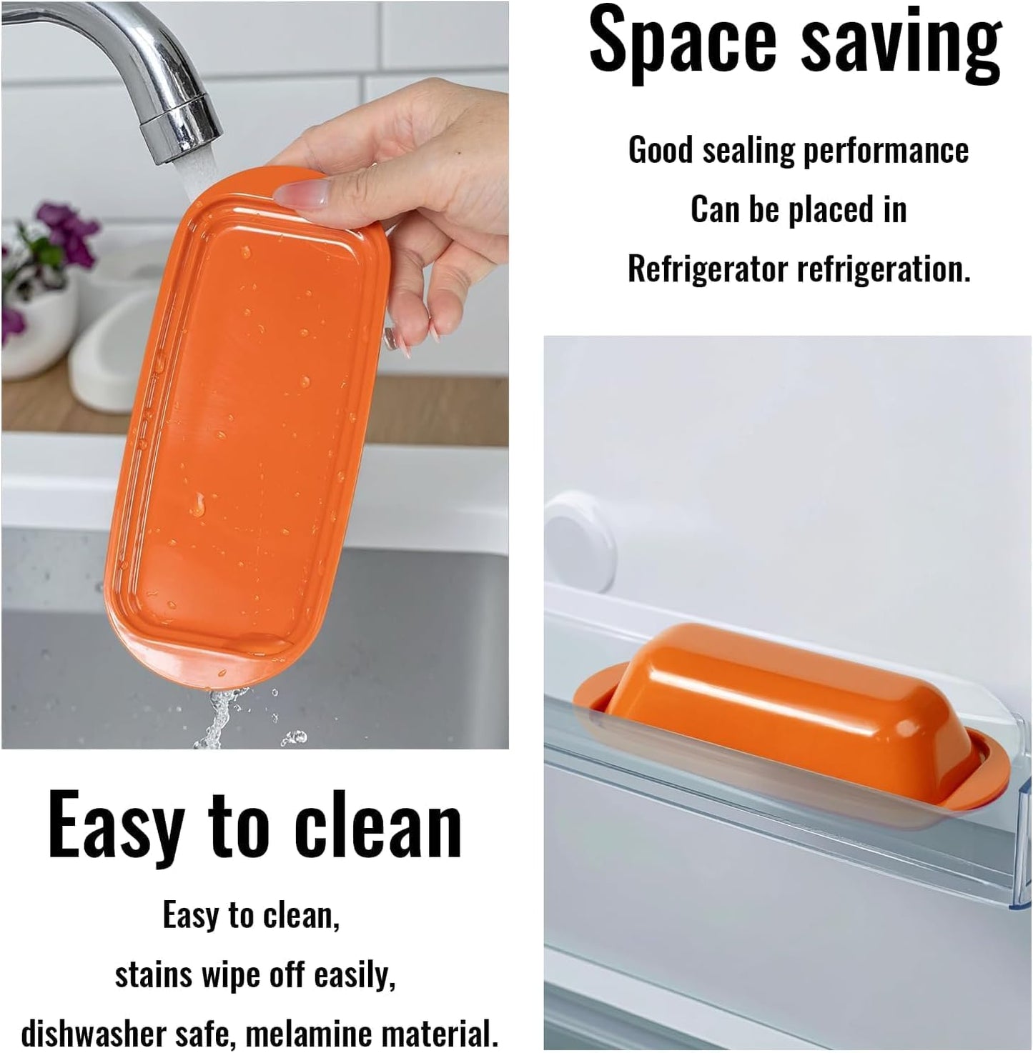 Butter Dish with Lid and Knife, Durable Countertop & Fridge Butter Keeper, BPA-Free Melamine Butter Container, Dishwasher Safe, Fits East/West Coast Butter Sticks (Pumpkin Orange)