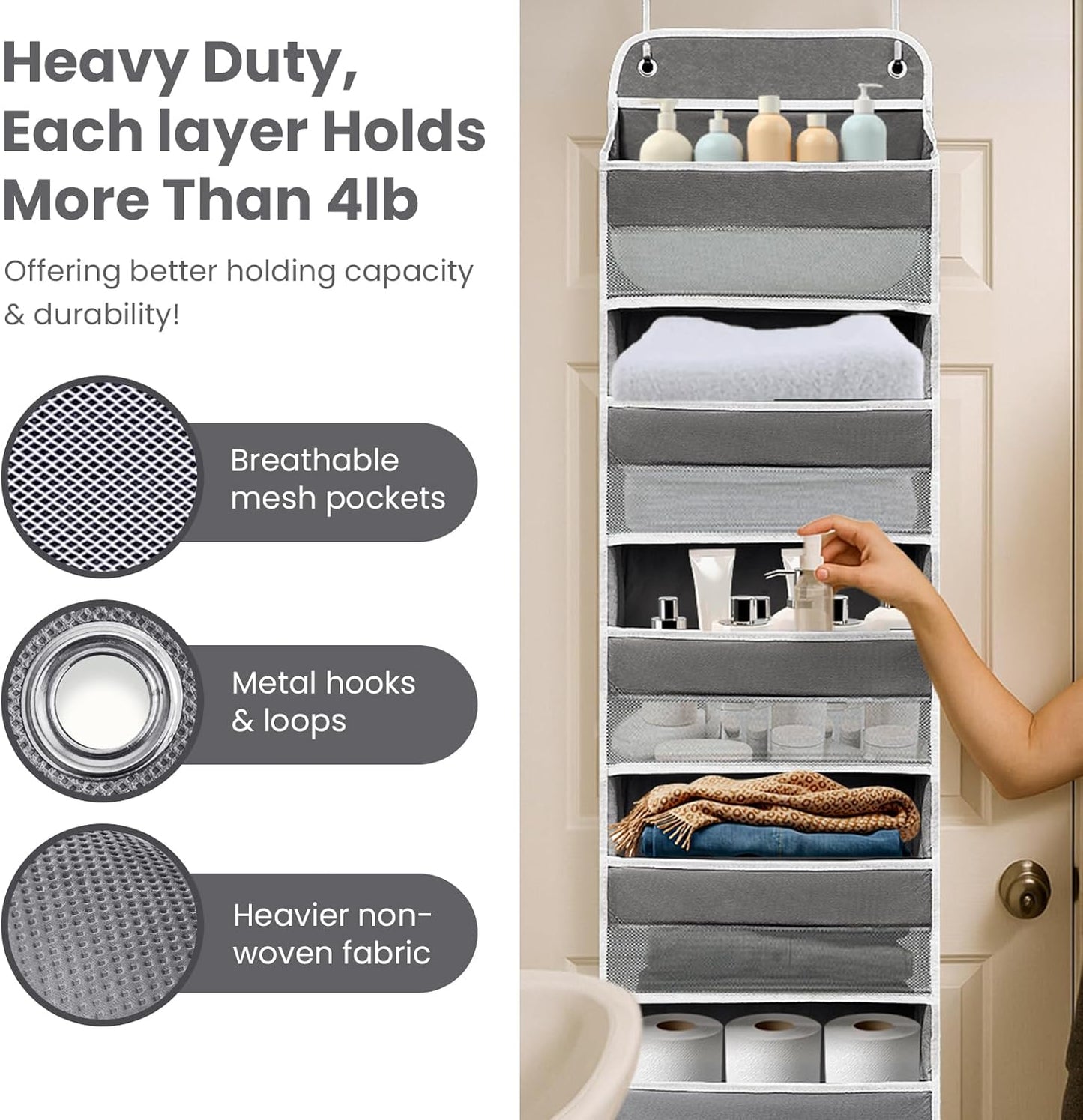 Over The Door Organizer with 8 Side Mesh Pockets, 44lb Weight Capacity Hanging Behind The Door Bathroom Organizers and Storage Suitable for Storing Toys, Shoes, Towels, Dark Grey, 5 Shelf