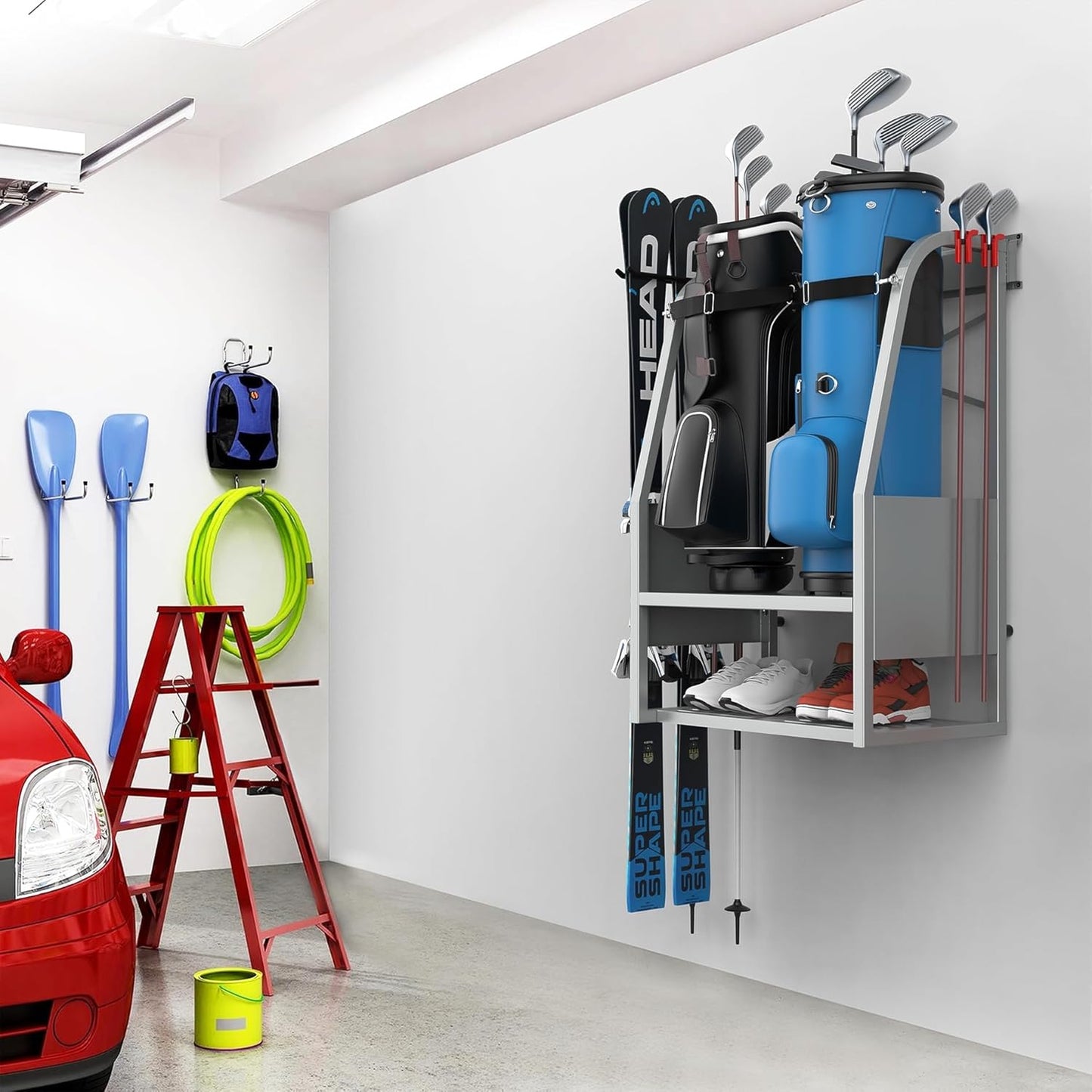 WALMANN Wall Mount Golf Bag Organizer, 2 Golf Bags Stand Golfing Equipment and Accessories Storage Rack for Garage Shed Basement