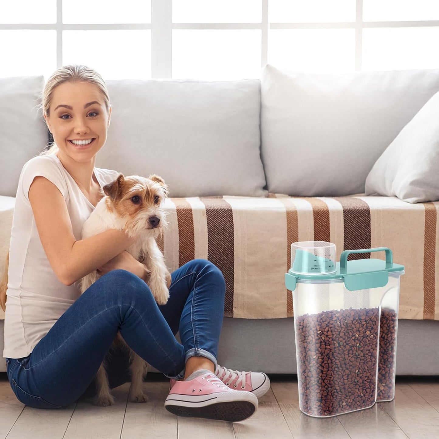 5-7Lbs Dog Cat Food Storage Container with Upgraded Large Nozzle BPA-free, 4 Snap Seals Plastic Pet Food Storage Containers with Handles (Elegant Blue, 5L-2pack)