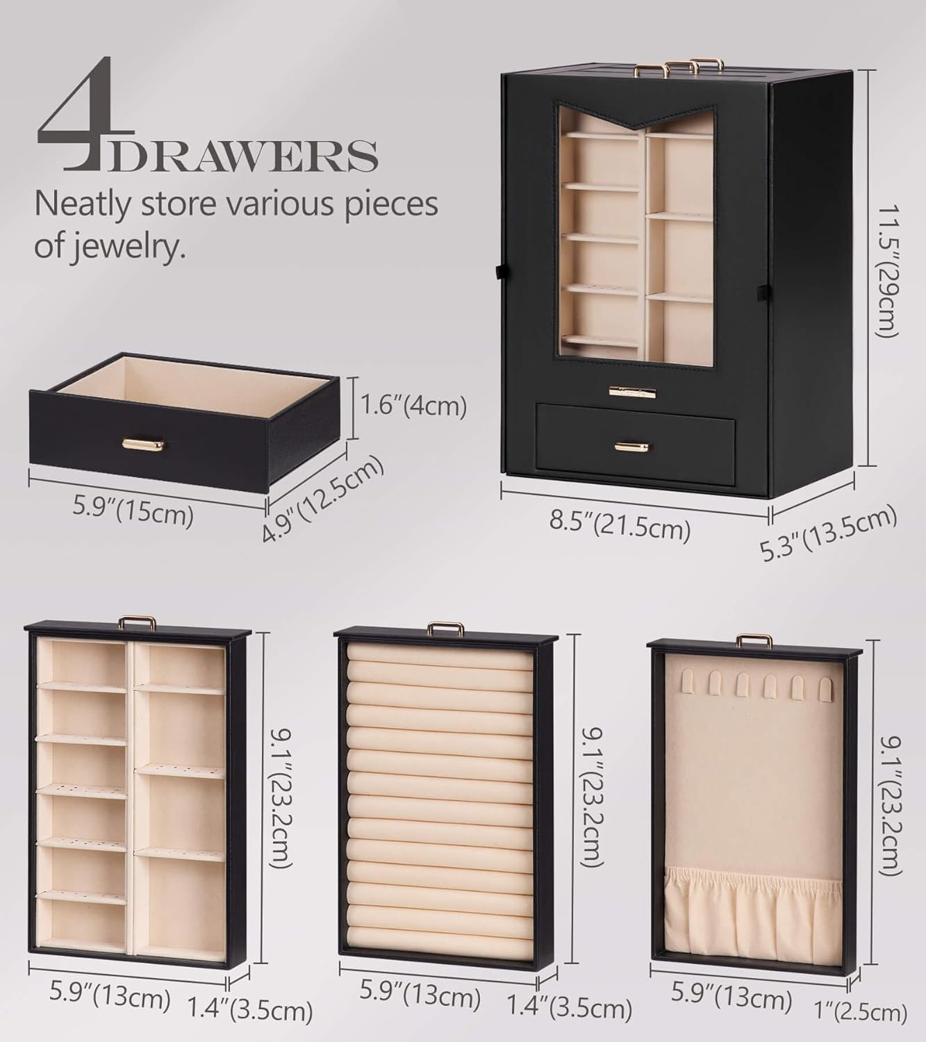 Homde Jewelry Organizer with Transparent Window Necklace Hooks Gift for Women Jewelry Box Display Case for Necklaces Rings Earrings Bracelets and Other Jewelry Accessories (Black + Gold)