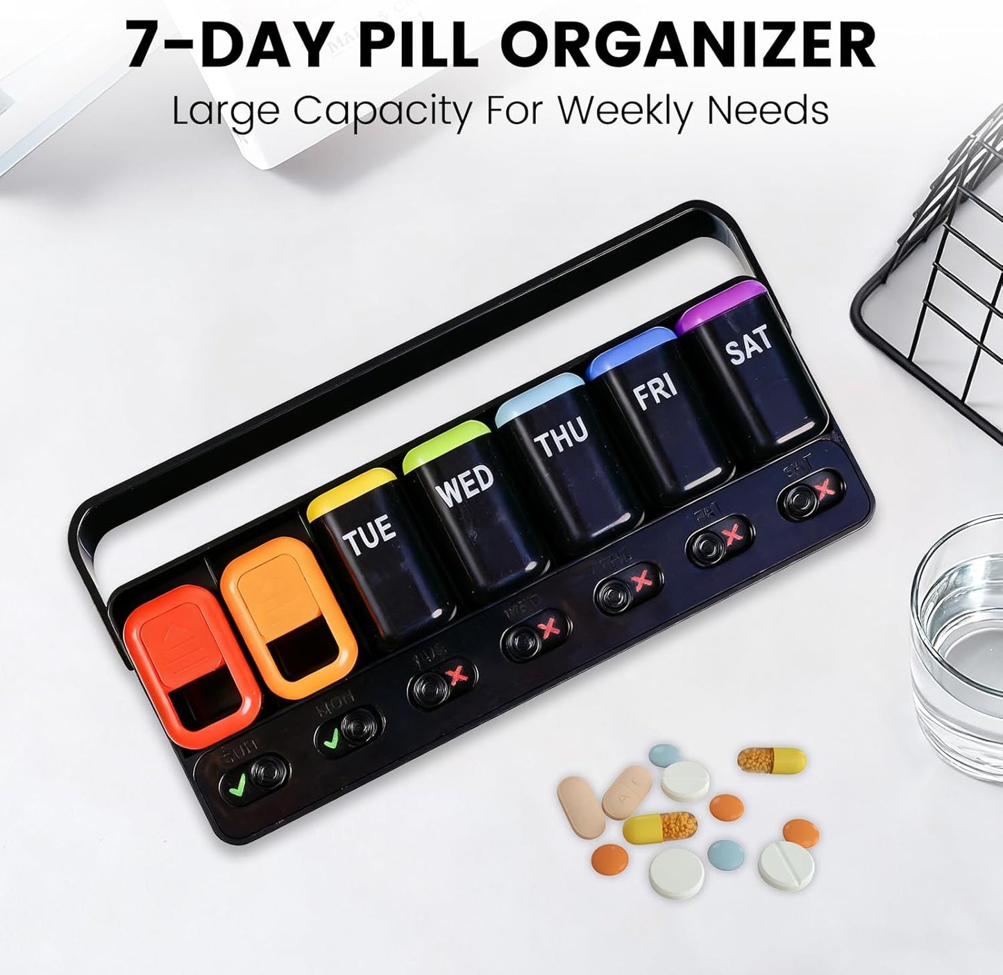 Pill Organizer Easy-Slide Lid, Removable 7 Day 1 Time a Day Pill Box, Large Travel Pill Case, Week Once Daily Medication Dispenser, Pill Container Holder for Supplement, Vitamin, Black