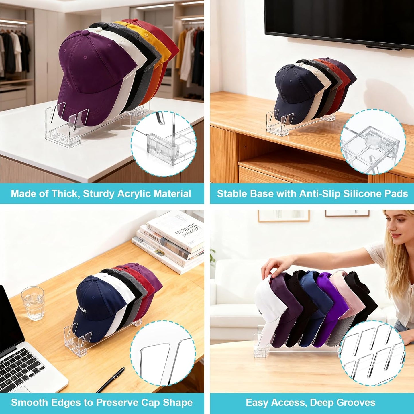 Hat Organizer for Baseball Caps, 2 Pack Upgrade Acrylic Hat Stand for 14 Baseball Caps Storage Organizer, Easy Install Hat Holder Display and Organization for Bedroom, Closet, Dresser-Clear