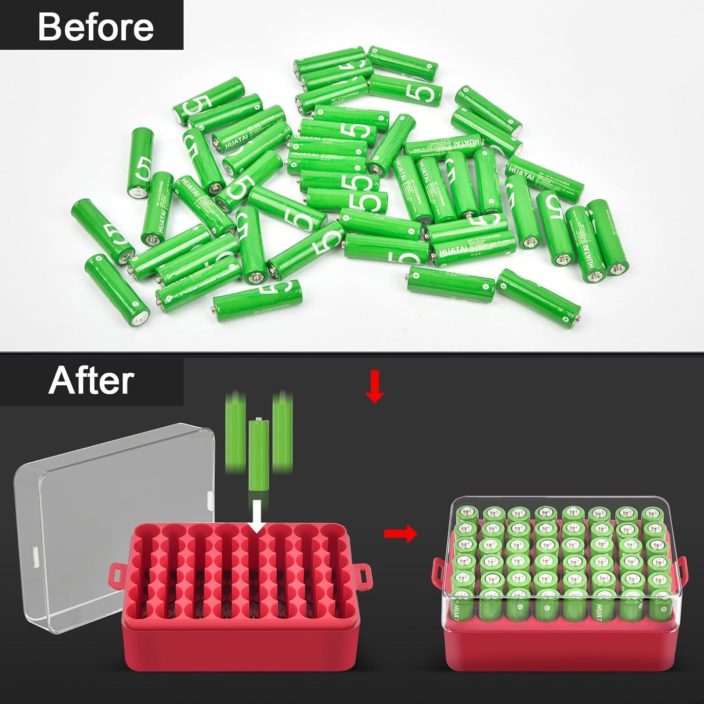 ALCYON Battery Organizer Storage Case, Battery Vault Box Container for 48pcs AA Batteries, Plastic Clear Protective Battery Holder for Travelling/Home/Office (Red, Large)