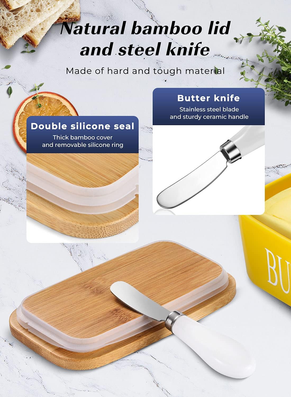 Large Butter Dish With Lid - Ceramic Container for Countertop, Holder With Knife and Sponge Scrubber, Perfect for 2 Sticks, Yellow