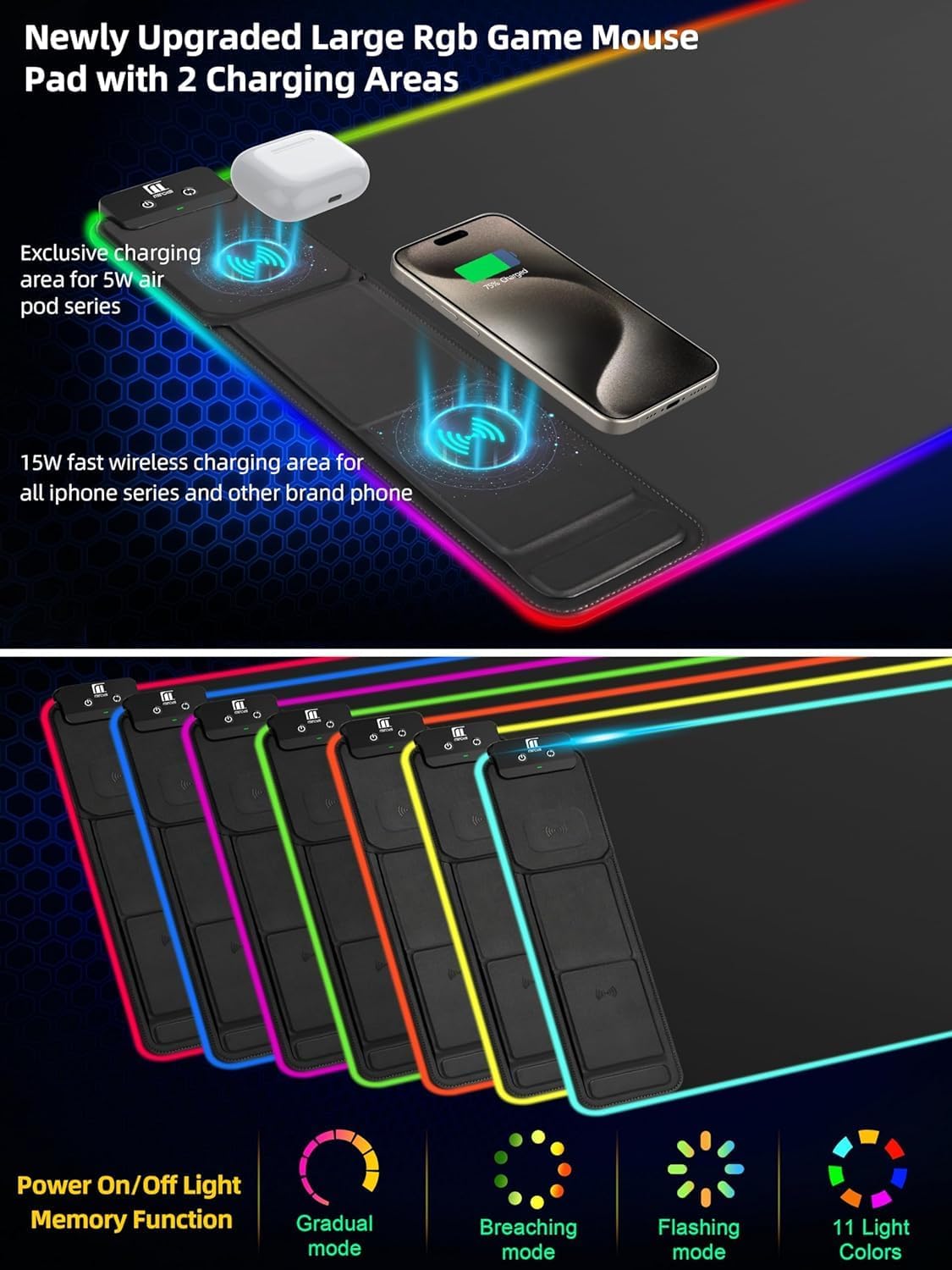 XXL Mouse Pad with Phone Holder - Black, RGB Desk Mat with 15W Fast Charging, LED Gaming Mousepad with 11 Light Colors, Waterproof Non-Slip Pad for Office & Home