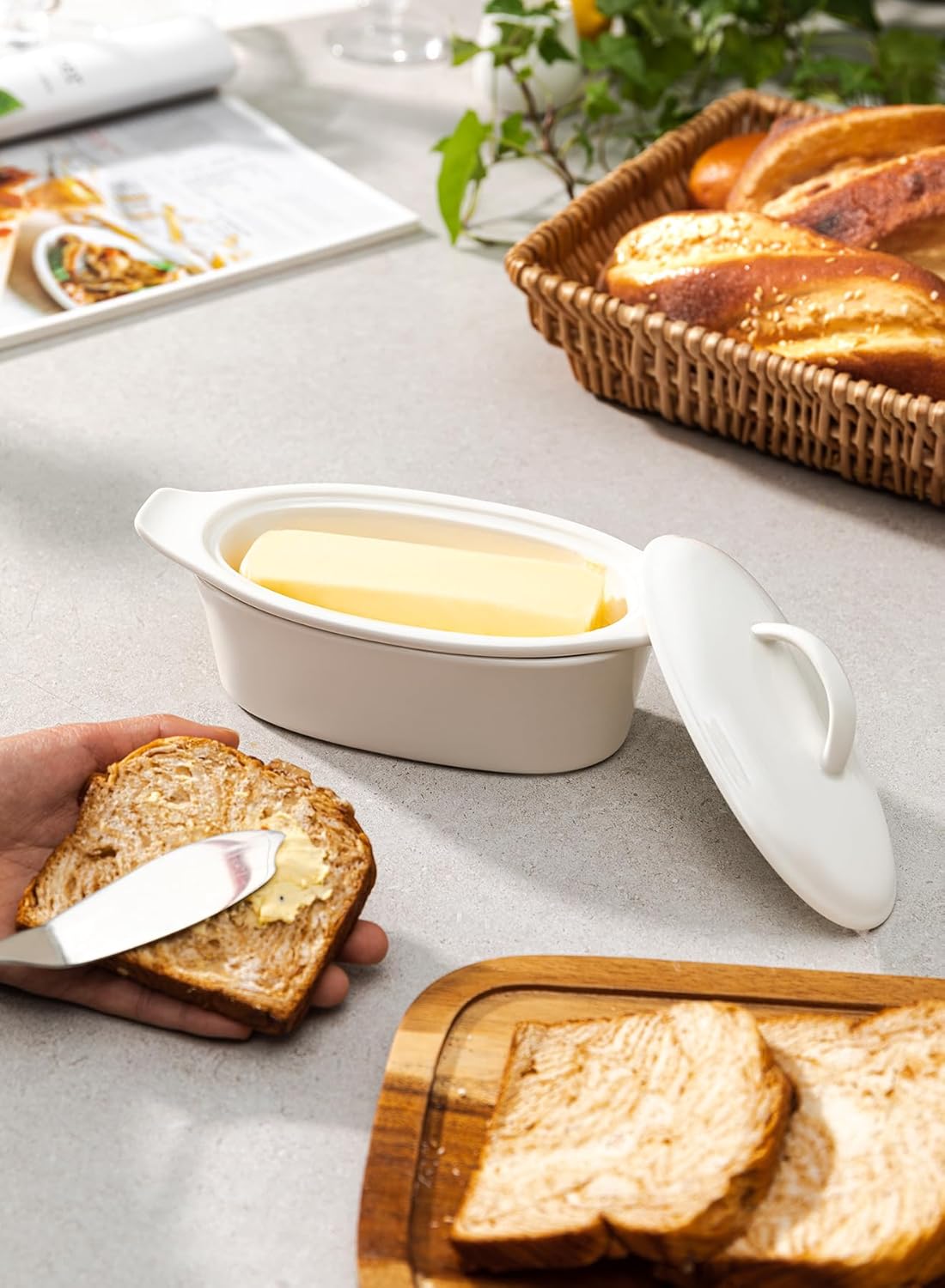 Butter Dish with Lid for Countertop - Porcelain White, 3pcs Large Butter Dish with Lid, Butter Keeper Container with Waterline Pefect for Daily Storage, Butter Holder with Handle - for Kitchen Decor