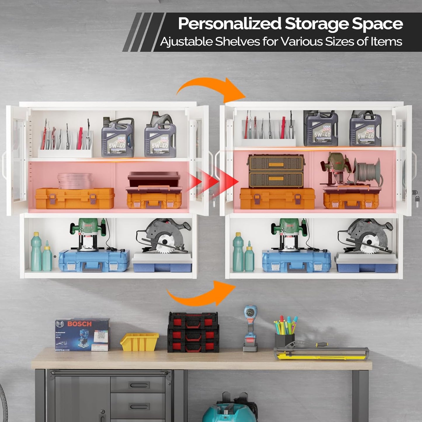 VINGLI Metal Wall Cabinet with Locking Glass Doors, Adjustable Shelf, Wall Mounted Storage Display Cabinets for Garage, Kitchen, Home Office, Warehouse, Living Room, White