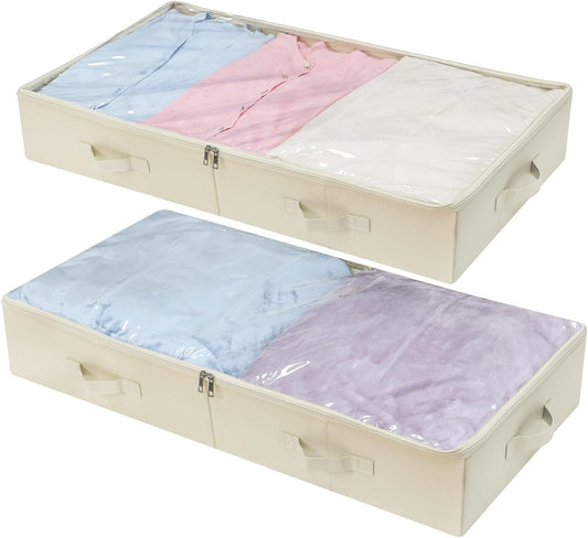 iwill CREATE PRO Pack of 2, Visible Lid Underbed Clothes Storage Bins for Shoes, Blankets, Sheets Organizer, 6" Height 7" Tall Under the Bed Storage Containers, Beige