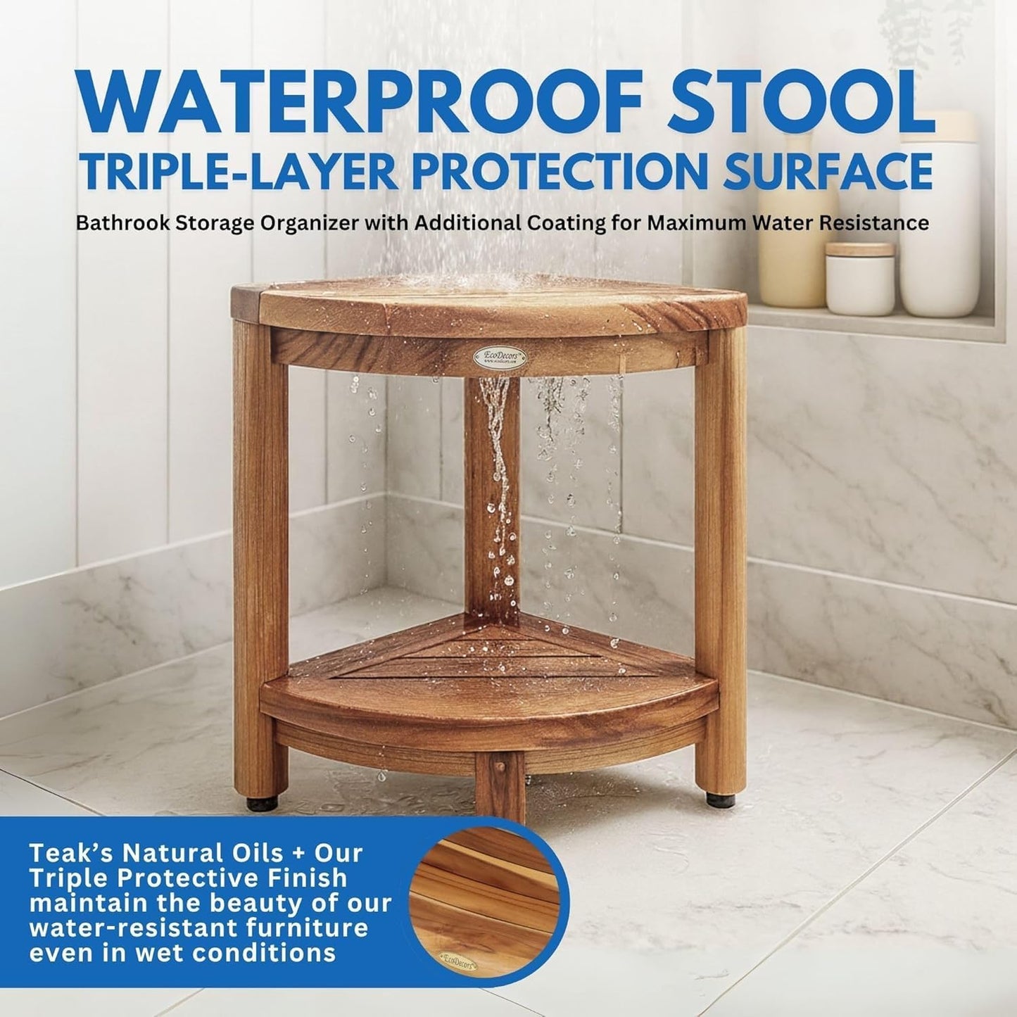 EcoDecors Fully Assembled SnazzyCorner® 18" Teak Shower Bench, Corner Shower Stool, w Shelf in Earthy Teak Finish, Compact Fit for Small Bathrooms & Walk-in Showers – Slip-Resistant Feet, Sauna Bench