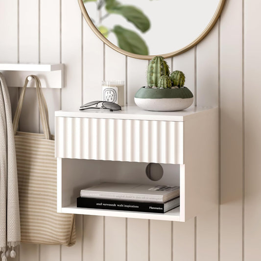 Floating Nightstand with Drawer and Open Shelf, Small Wall Mounted Bedside End Table, Modern Fluted Night Stand for Bedroom, Living Room, White