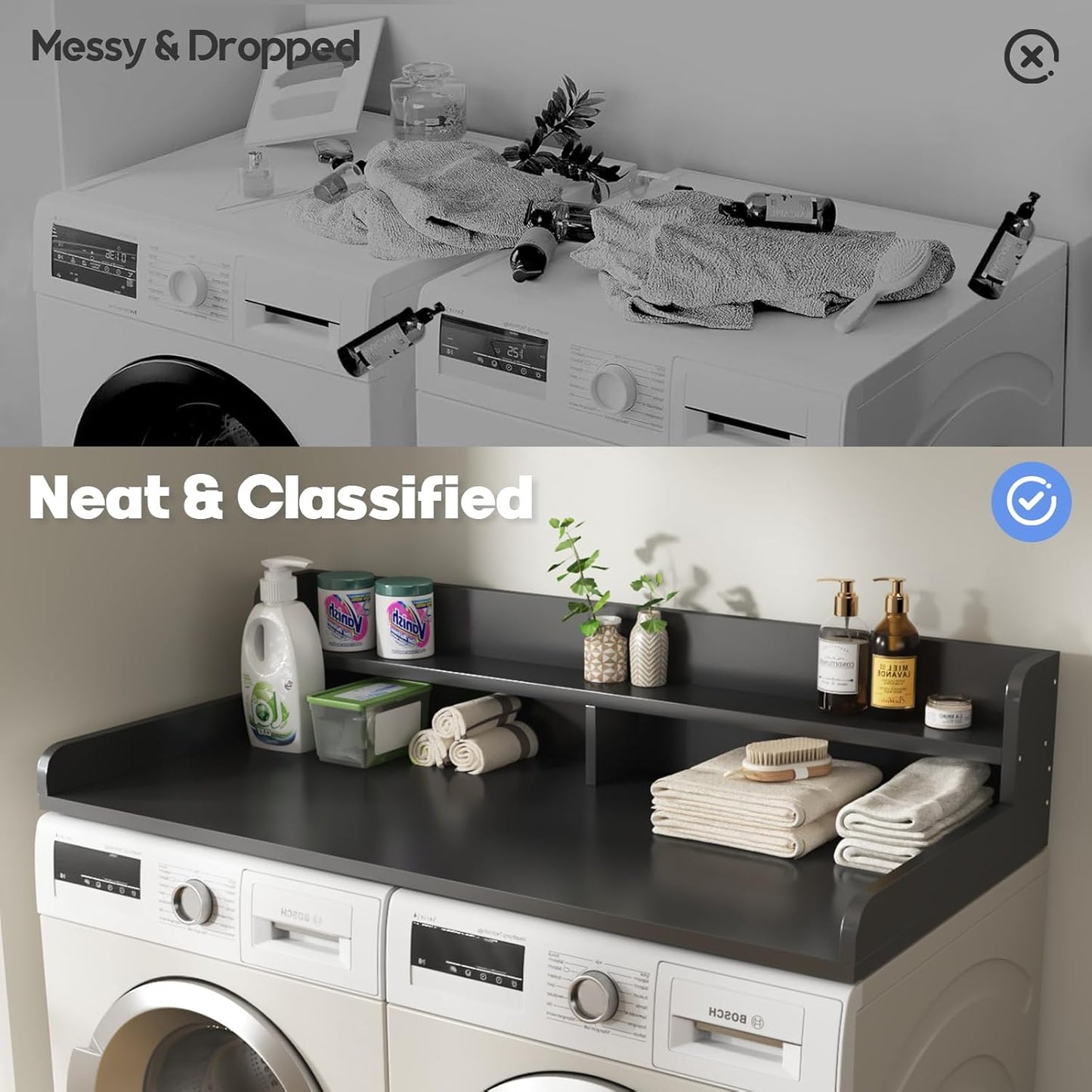 2-Tier Washer and Dryer Countertop with 2.75" H Guard,54" W x 27.5" D Laundry Countertop Cover with Non-Slip Pad,Large Space Laundry Topper for Folding Clothes Over Washer and Dryer-Black