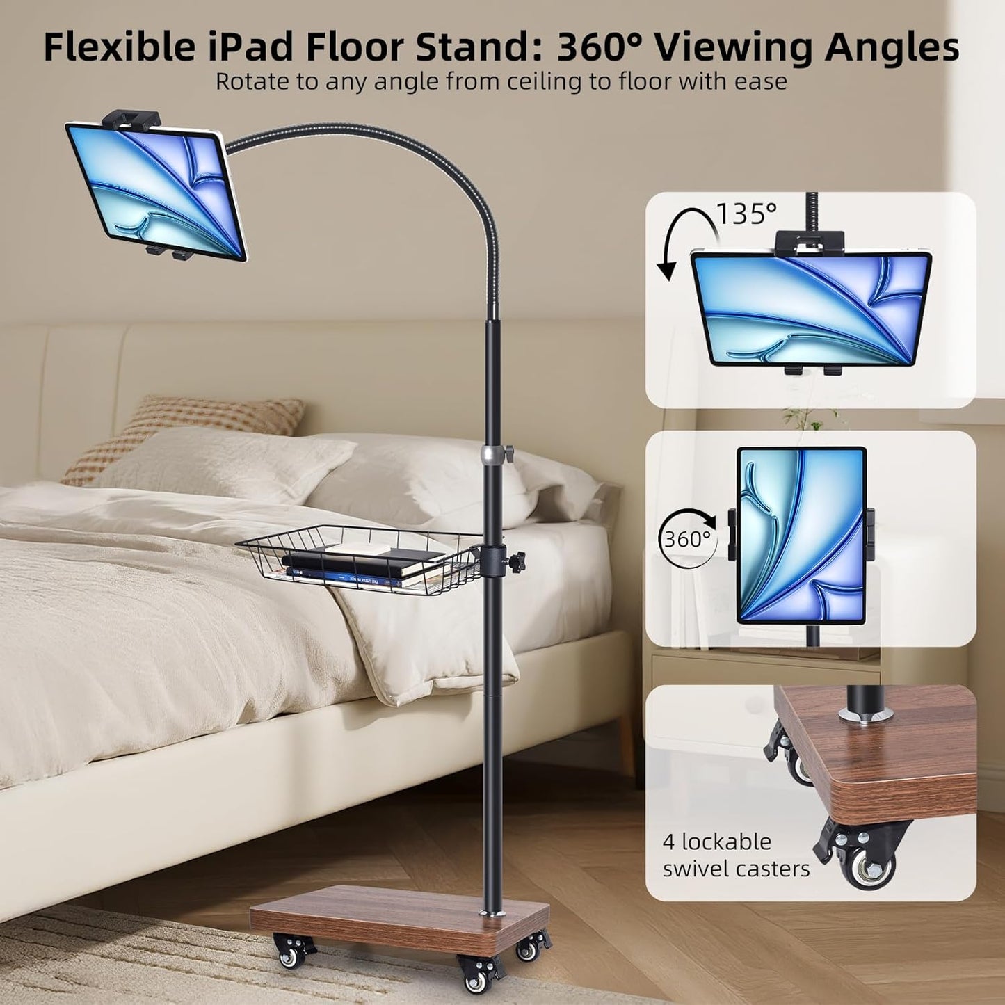 wishacc Adjustable Floor Tablet Stand with Rolling Base, Flexible Gooseneck Mount, Wood Platform, Mobile Device Holder for Indoor Use