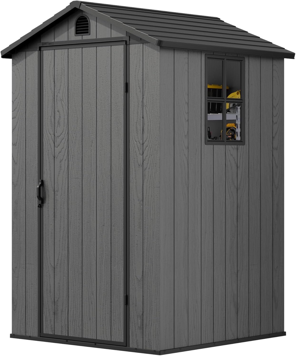 Greesum 4x4FT Plastic Outdoor Storage Shed with Floor, Resin Storaged Sheds with Lockable Door, All Weather Durable Tool Shed with Window and Vent, for Garden, Backyard, Patio, Dark Gray