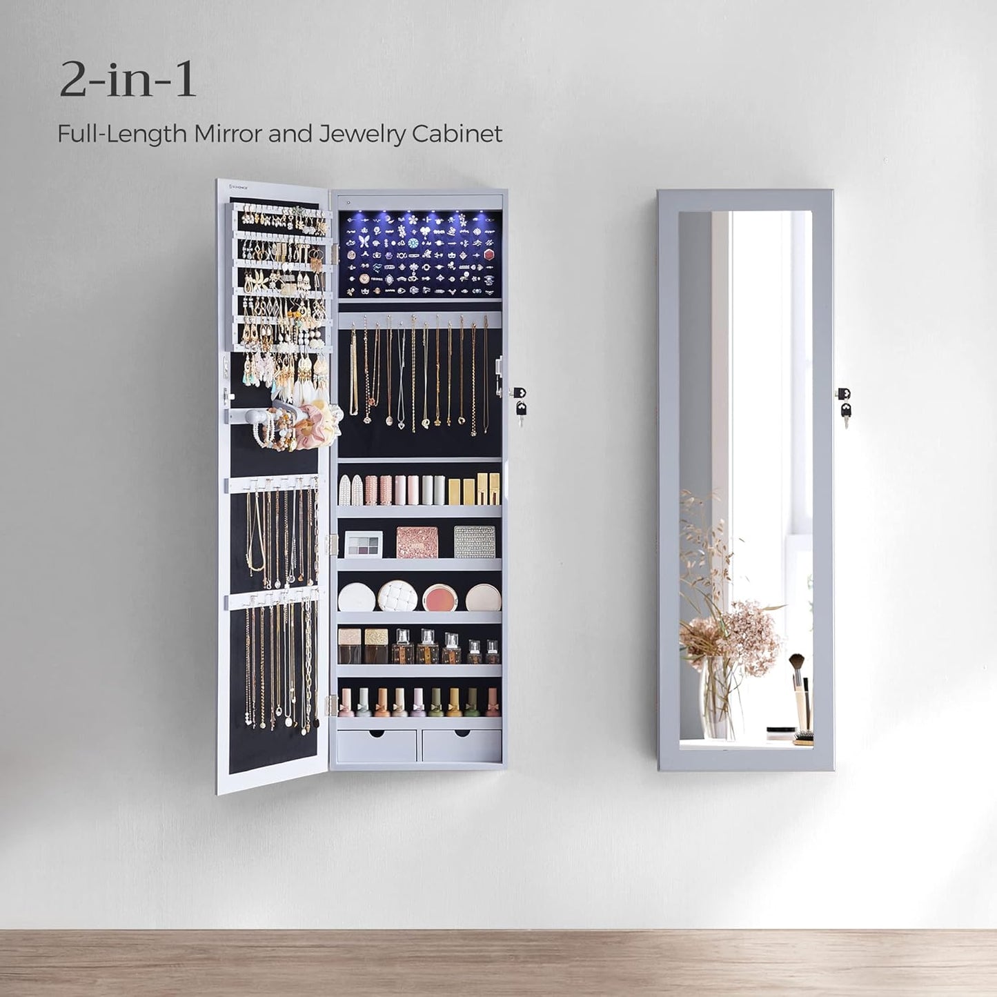 SONGMICS 6 LEDs Mirror Jewelry Cabinet, 47.2-Inch Tall Lockable Wall or Door Mounted Jewelry Armoire Organizer with Mirror, 2 Drawers, Christmas Gift, 3.9 x 14.6 x 47.2 Inches, Gray