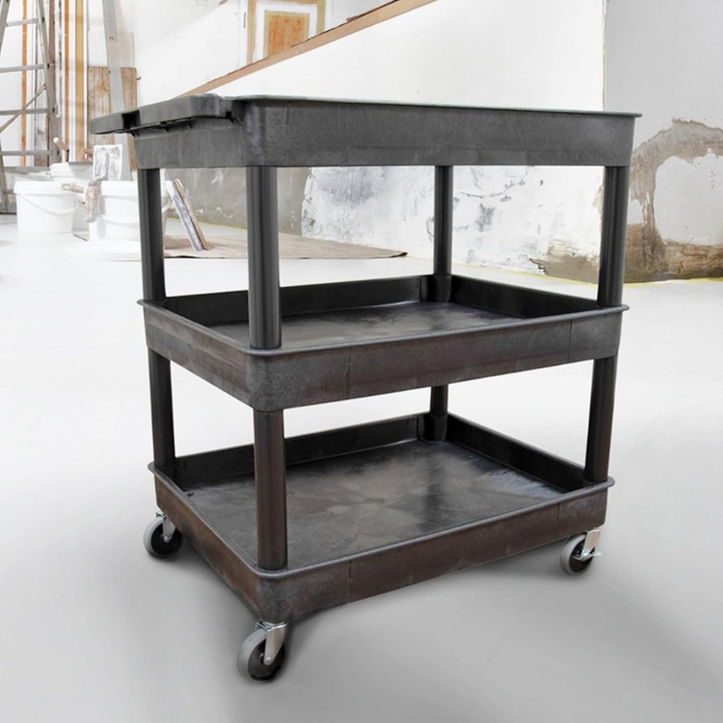Stand Steady Tubstr Large 3 Shelf Utility Cart | Heavy Duty, Black HDPE & PVC, Holds Up to 300 lbs. | Storage & Rolling Tool Cart for School, Office, Garage & Warehouse