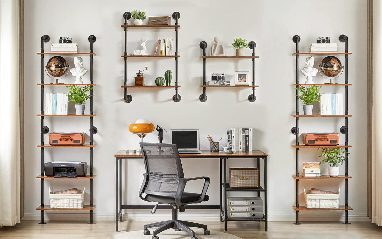 YMYNY Industrial Pipe Ladder Shelf, 6-Tier Wall Mounted Bookcase with Metal Frame, 78.7" Open Bookshelf, Multifunctional Storage Rack for Home Office, Living Room, Plant Stand, Rustic Brown, RF-TM018