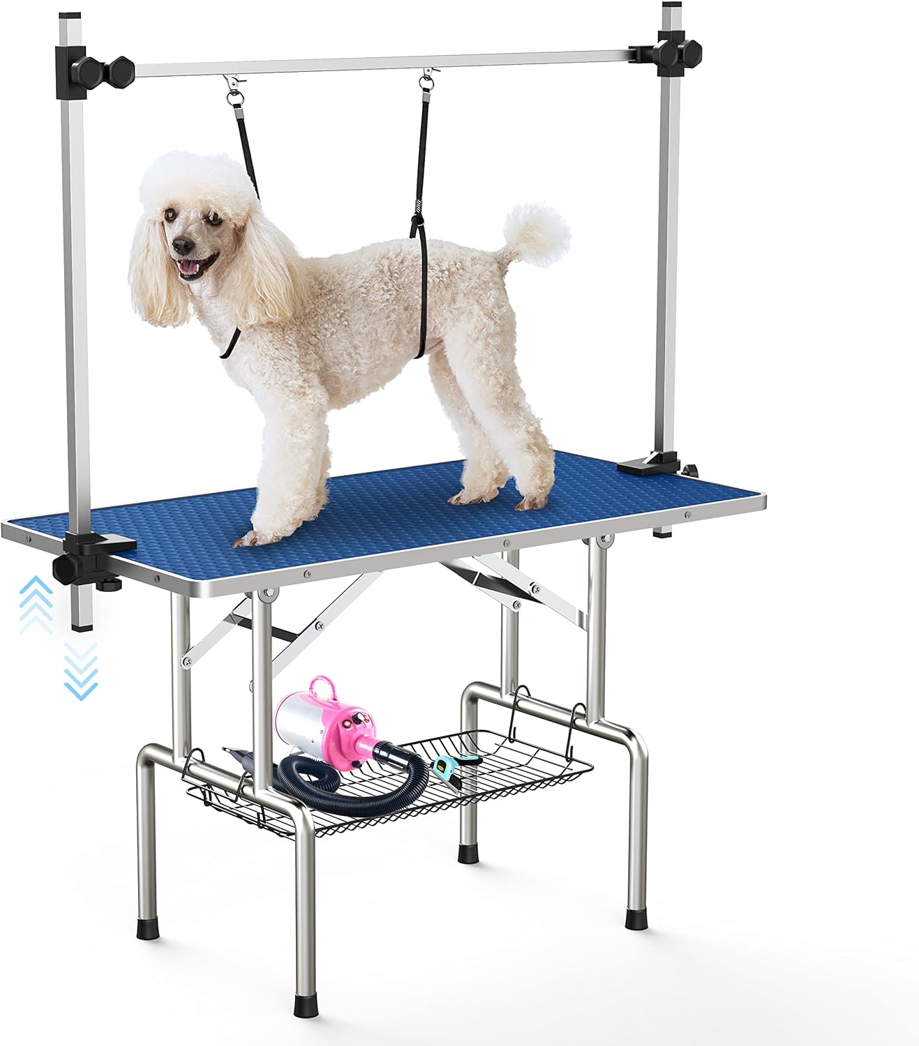 Lyromix 36''Large Dog Grooming Table, Adjustable Cat Drying Desktop with Arms, Nooses, Mesh Tray, Foldable Pet Station at Home, Maximum Capacity Up to 330Lb, 36inch, Blue