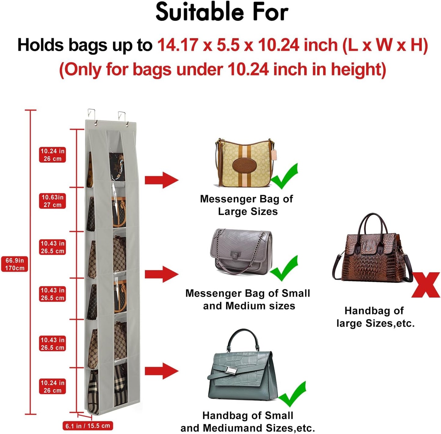 Lirex Over The Door Organizer, 2 Pack Handbag Storage with 6-Tier Space-Saving for Door or Closet, Handbag Hanger, Grey