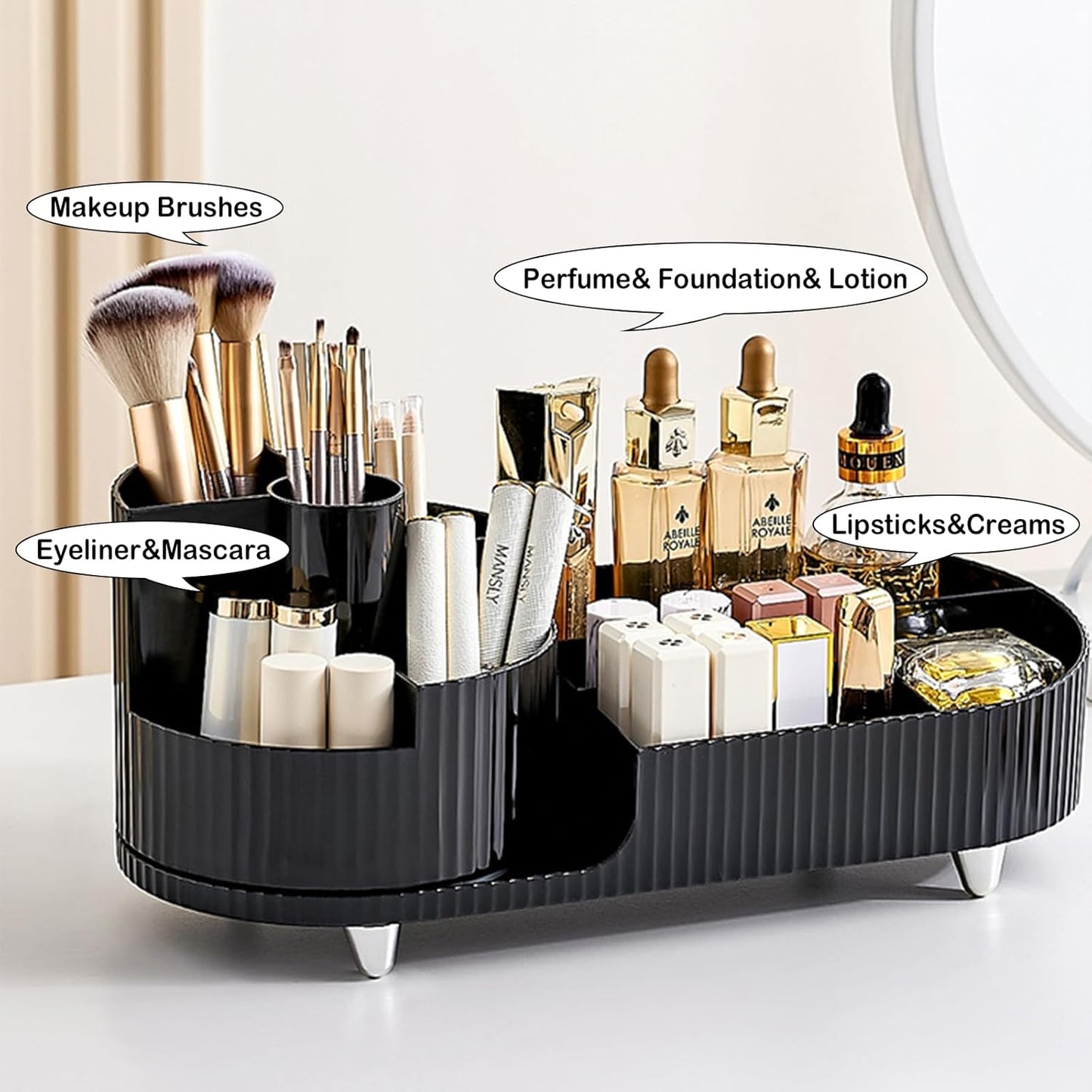 Rotating Makeup Organizer for Vanity with Brush Holder, Cosmetic Makeup Storage Organizer, Large Spinning Makeup Skincare Organizer, Countertop Makeup Perfume Organizer, Lotions Display Case (Black)