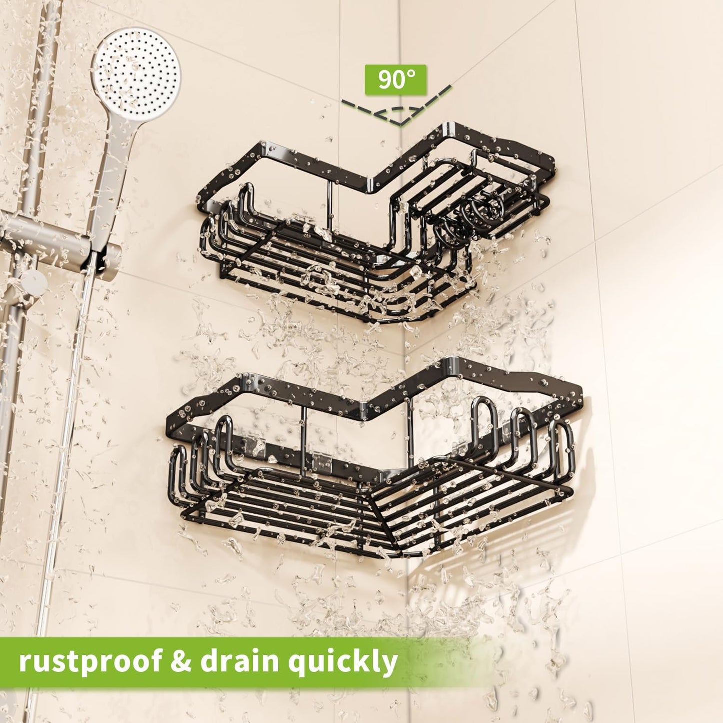 Corner Shower Caddy with Soap Holder, 2 Pack Stainless Steel Corner Shower Organizer with 11 Hooks, No Drilling & 6 Strong Adhesives Corner Shower Shelf Bathroom Organizer for Shower Room, Black