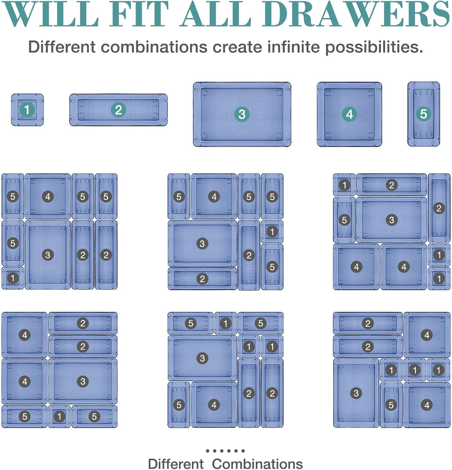 23 PCS Drawer Organizer Set, 5 Varied Size Bathroom and kitchen Drawer cabinet organizer Trays, Clear Storage Bins for Makeup, Jewelry, Utensils and Gadgets, Dark Blue