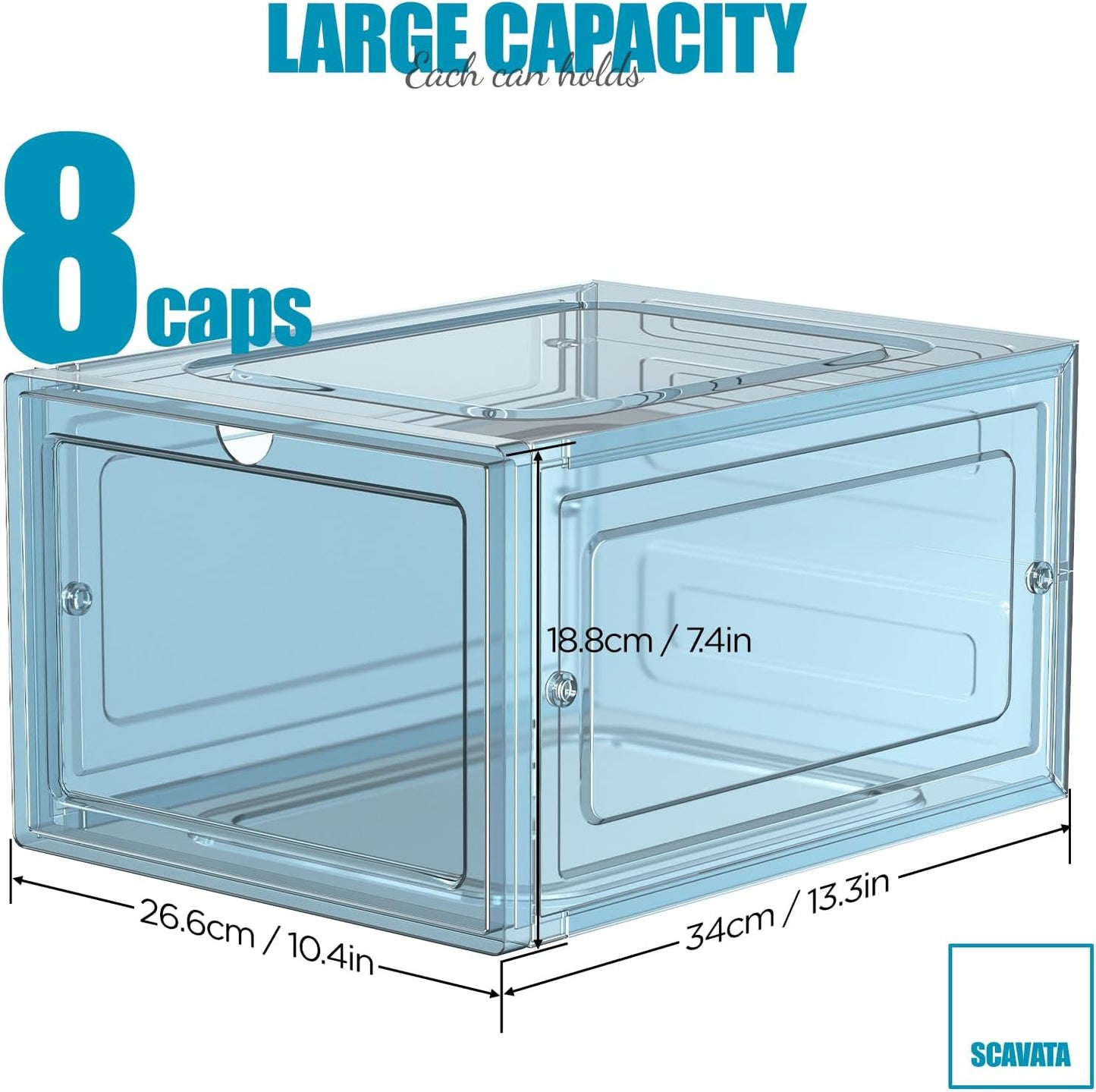 Hat Organizer Box, Stackable Clear Baseball Caps Holder Box Containers with Magnetic Door for Hats Snapback Cap Storag, Hat Rack Display Case, Holds 8 Hats Each (Blue, 2 Pack)