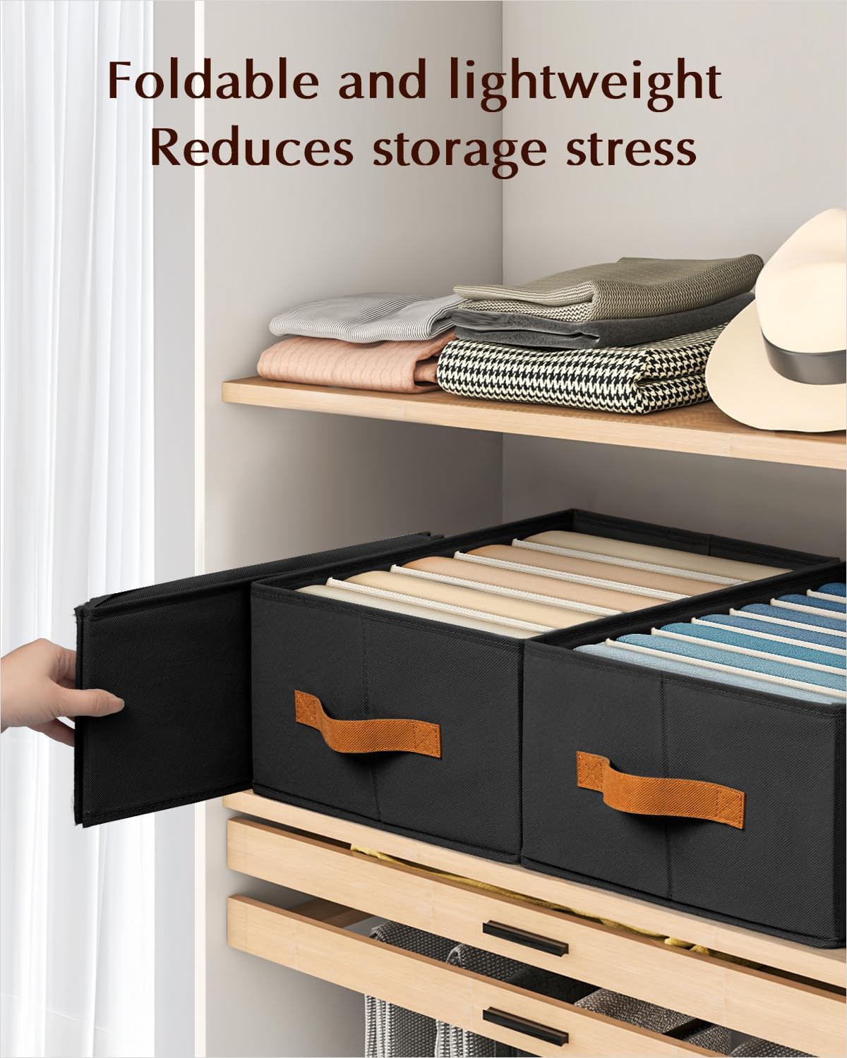 Clothes Organizers and Storage - 4/5/7 Grids Fabric Jeans Organizer with Handles, Foldable Closet Organizers Dividers, Wardrobe organizer for Pant, Sweater, T-shirt, Scarf, 3 Pack, Black