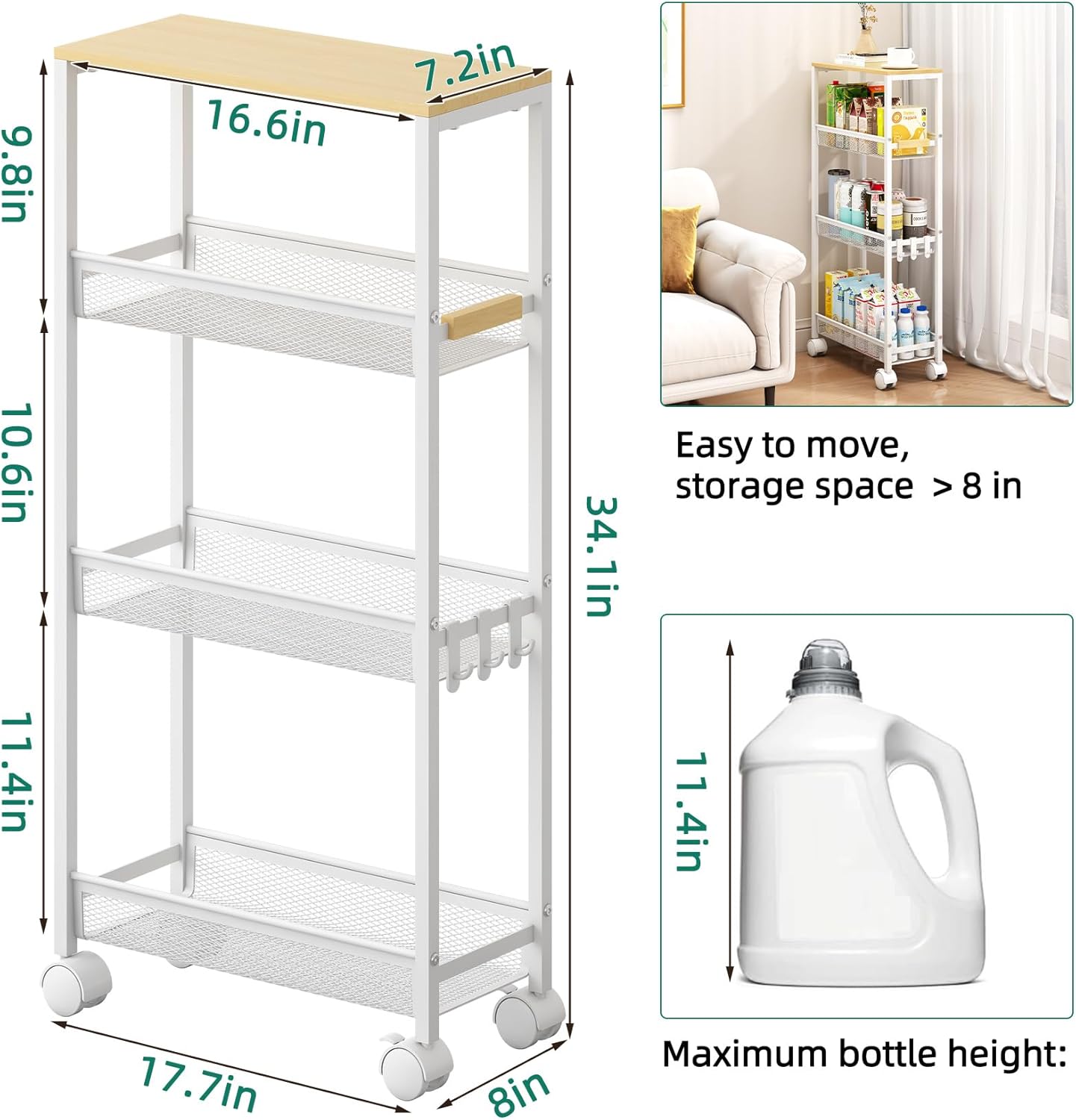 TIPGO Utility Slim Storage Cart, 4 Tier Rolling Cart with Wheels, Narrow Storage Cabinet for Bathroom, Laundry Shelves for Room Organization, Small Organizer for Kitchen, Office and Dorm (White)